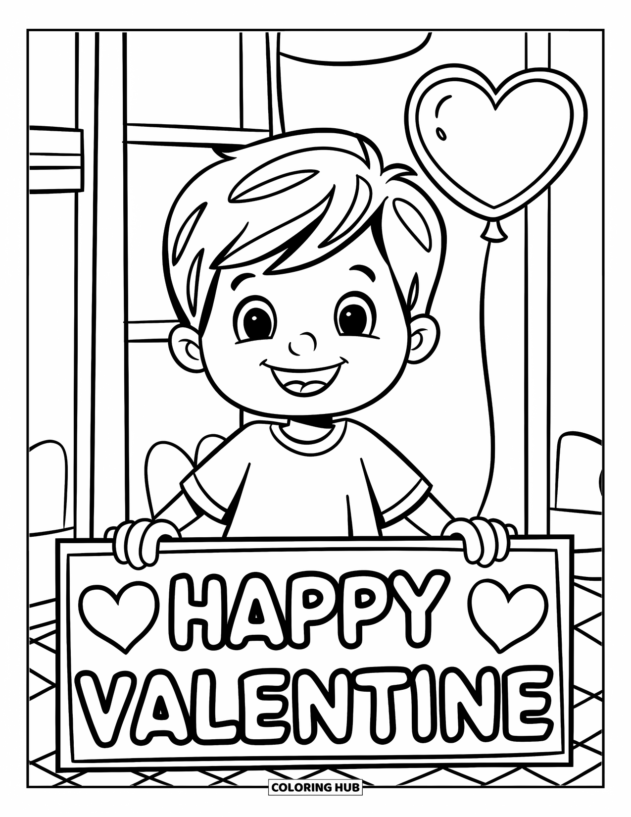 Boy Valentine Coloring Page for Kids: A boy smiles holding a Valentine sign beneath balloons and a pink sky