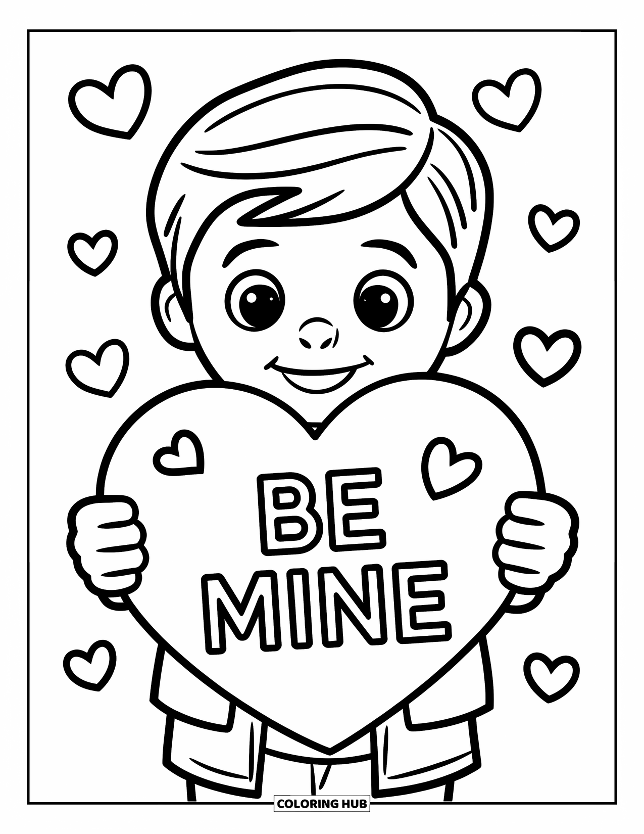 Boy Valentine Coloring Page for Kids: A boy smiles with a heart card and hearts floating all around
