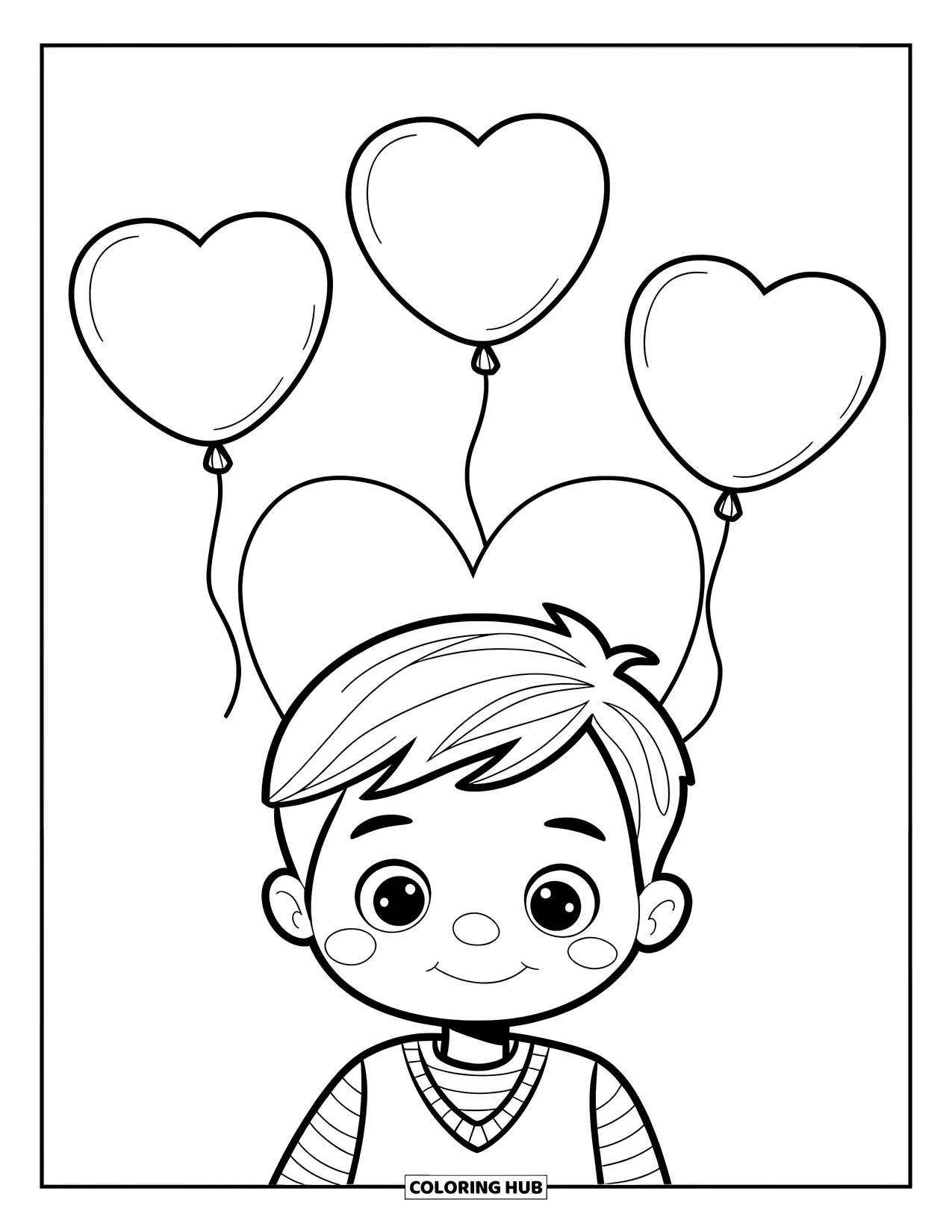 Boy Valentine Coloring Page for Kids: A boy smiles with three Valentine balloons floating above his head