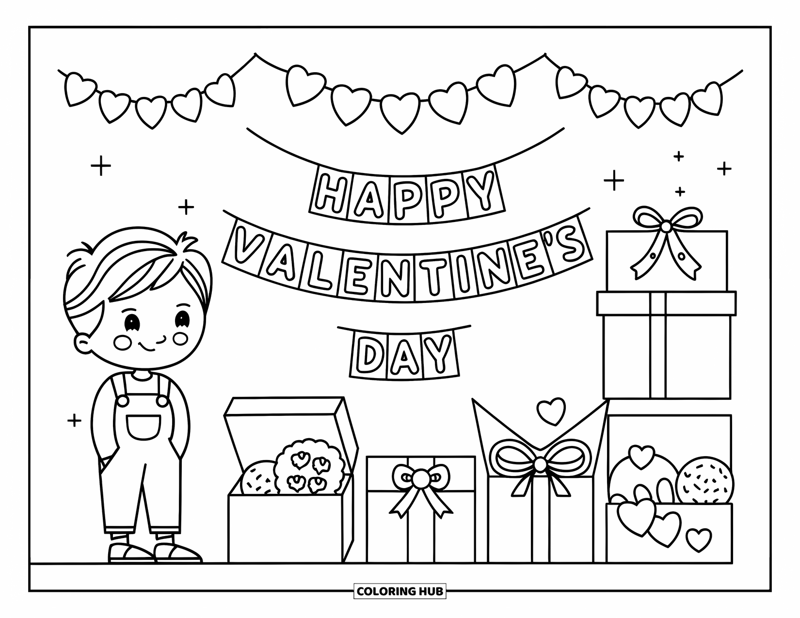 Boy Valentine Coloring Page for Kids: A boy stands by a Valentine banner with heart garlands and gift boxes around him