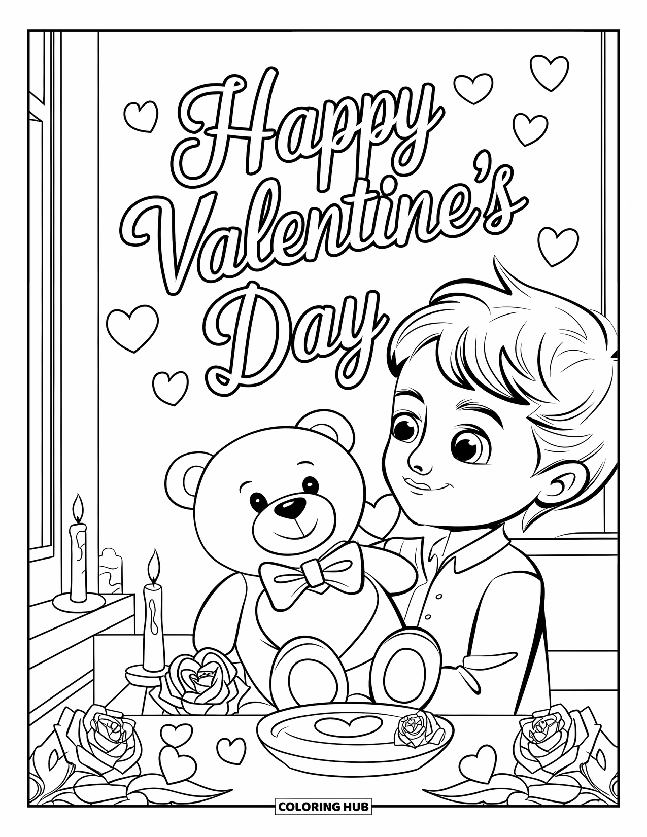Boy Valentine Coloring Page for Kids: A boy stands with a teddy bear near hearts, roses, and a bright window