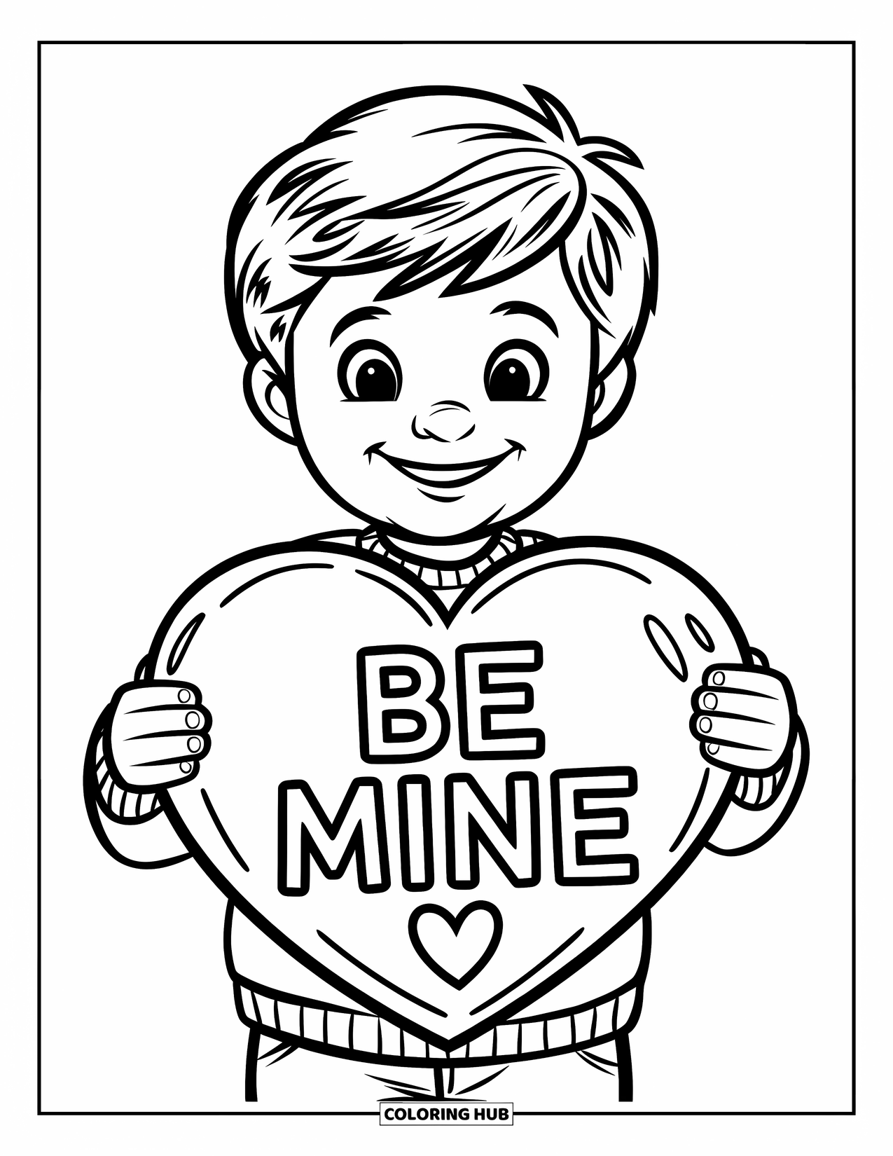 Boy Valentine Coloring Page for Kids: A cheerful boy holds a big heart card that reads "Be Mine"