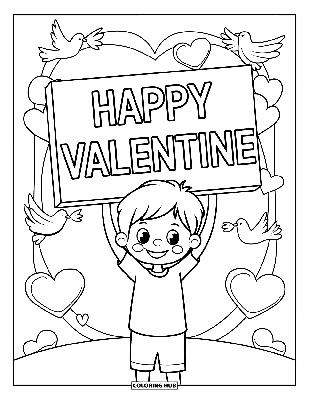 Boy Valentine Coloring Page for Kids: A cheerful boy holds a "Happy Valentine" sign under fluttering hearts