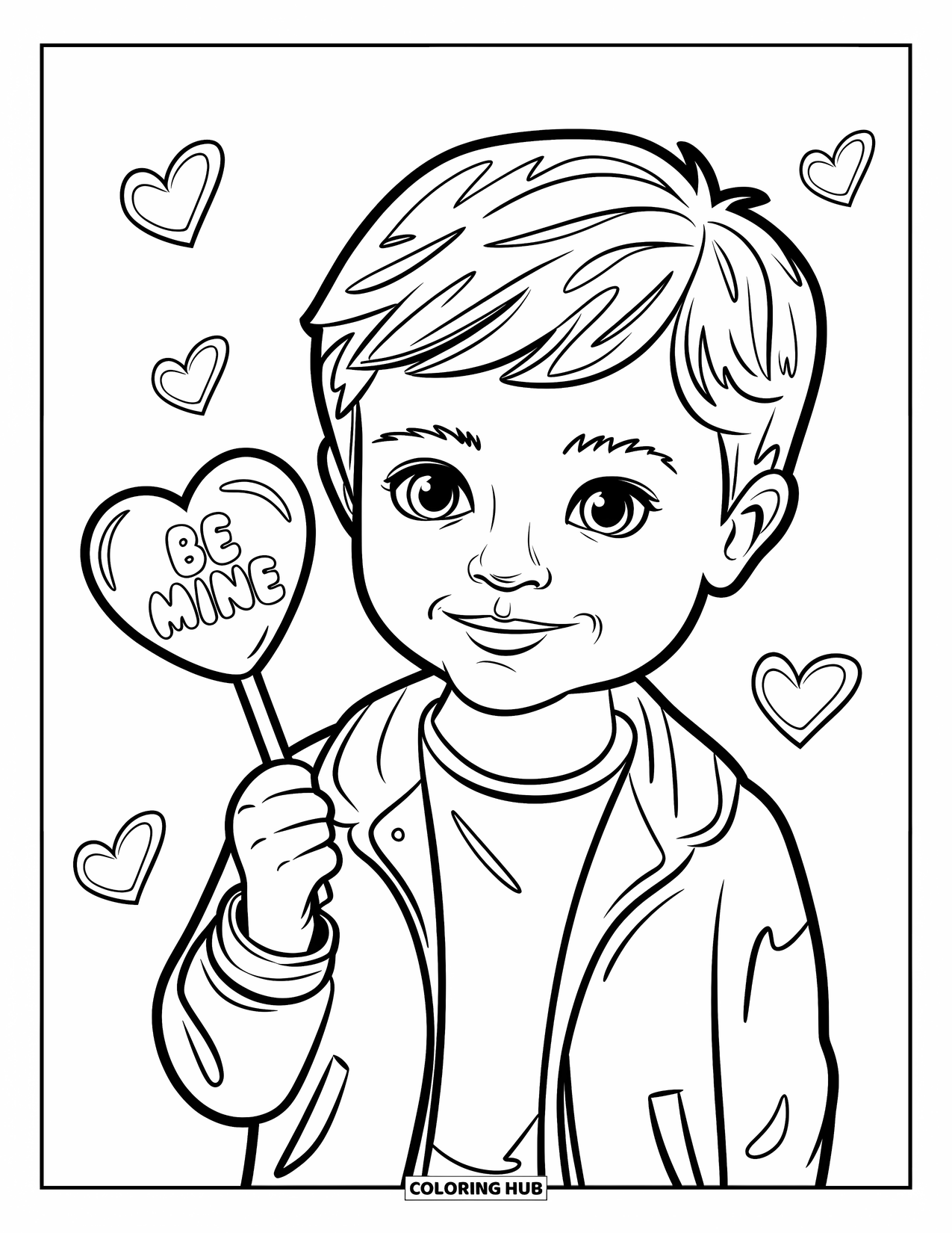 Boy Valentine Coloring Page for Kids: A cheerful boy holds a heart lollipop that says "Be Mine"