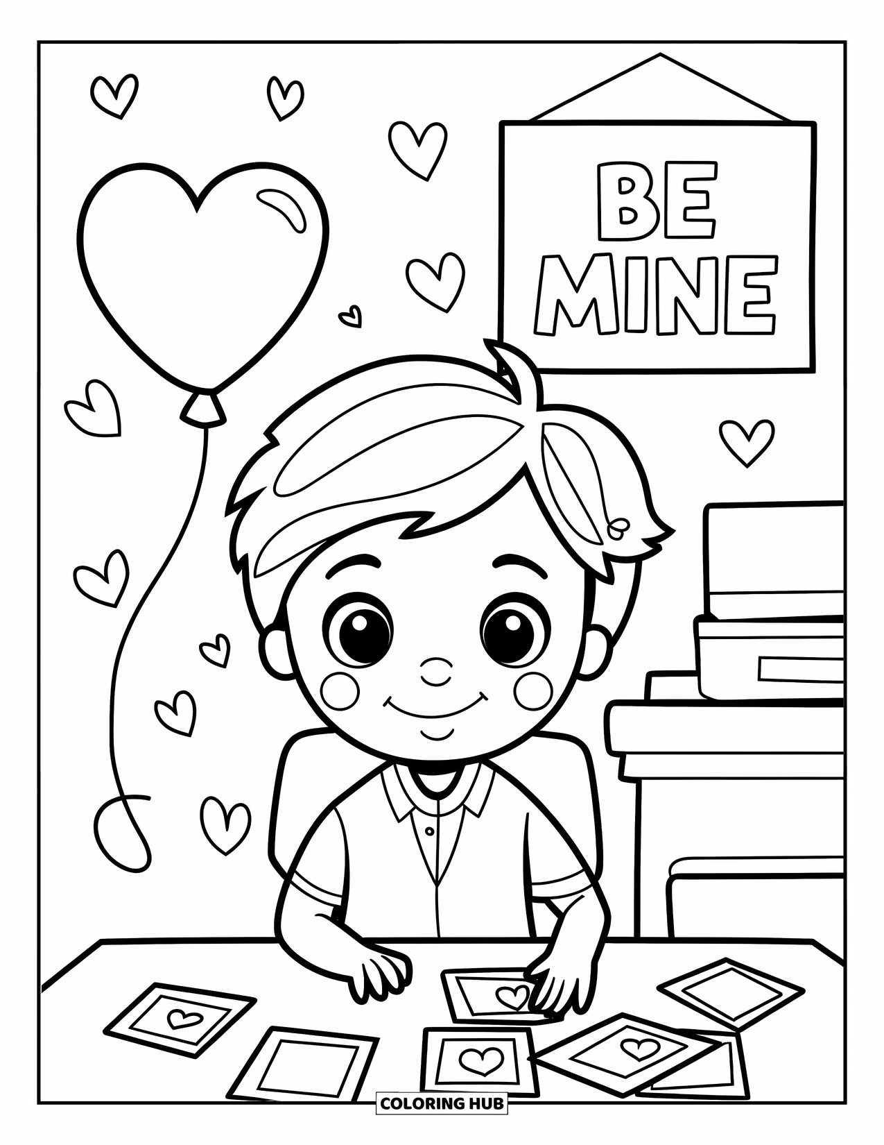 Boy Valentine Coloring Page for Kids: A smiling boy sits at a desk with cards and a "Be Mine" sign above