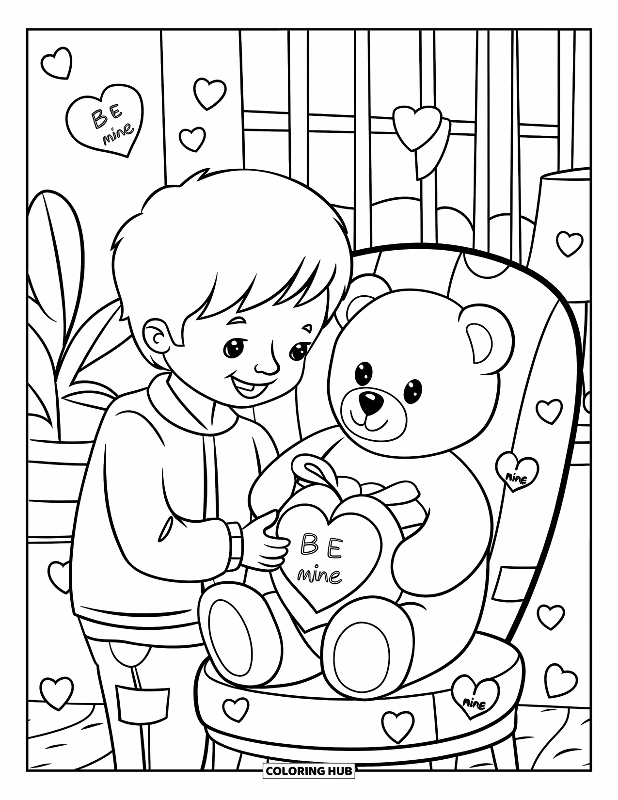 Boy Valentine Coloring Page for Kids: A sweet boy offers a teddy bear with hearts and a "Be Mine" sign