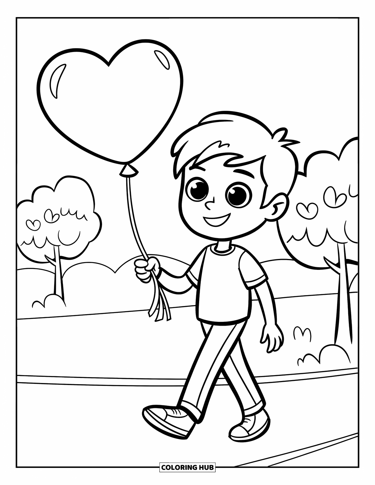 Boy Valentine Coloring Page for Kids: A teen boy walks through a park holding a heart balloon on Valentine's Day