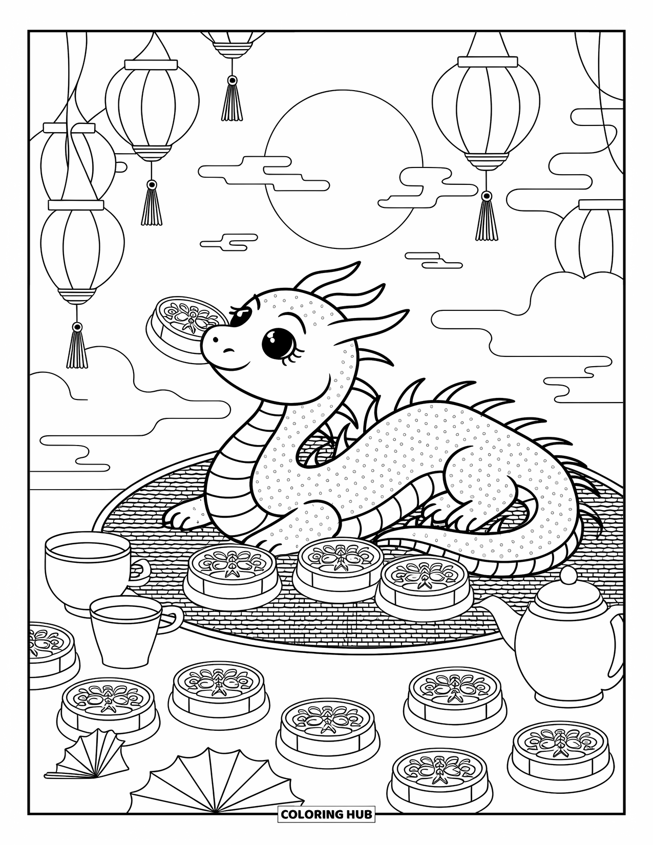 Chinese Dragon Coloring Page for Adults: A calm Chinese dragon relaxes under the moon with tea and mooncakes
