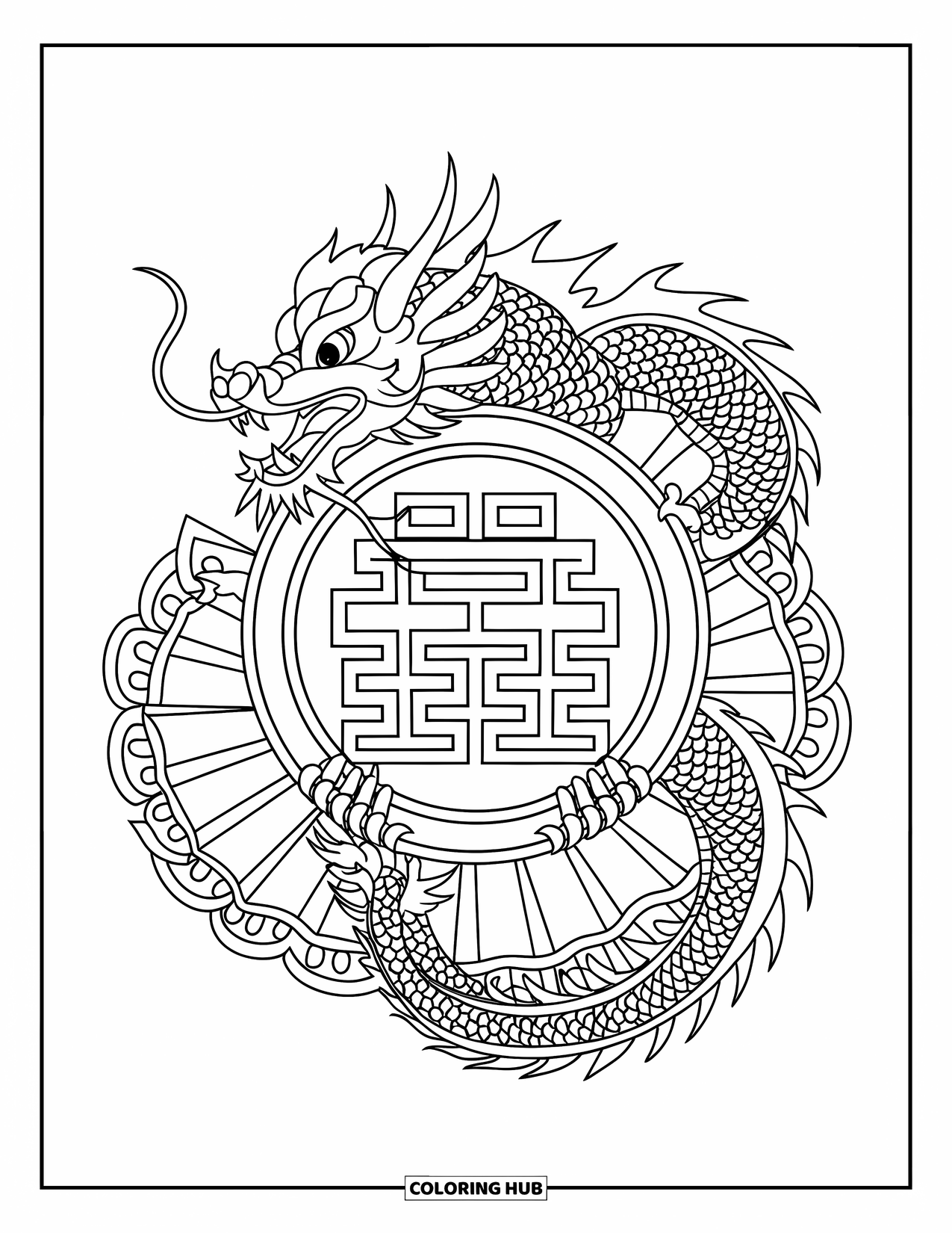 Chinese Dragon Coloring Page for Adults: A dragon coils around a temple medallion surrounded by patterned fans