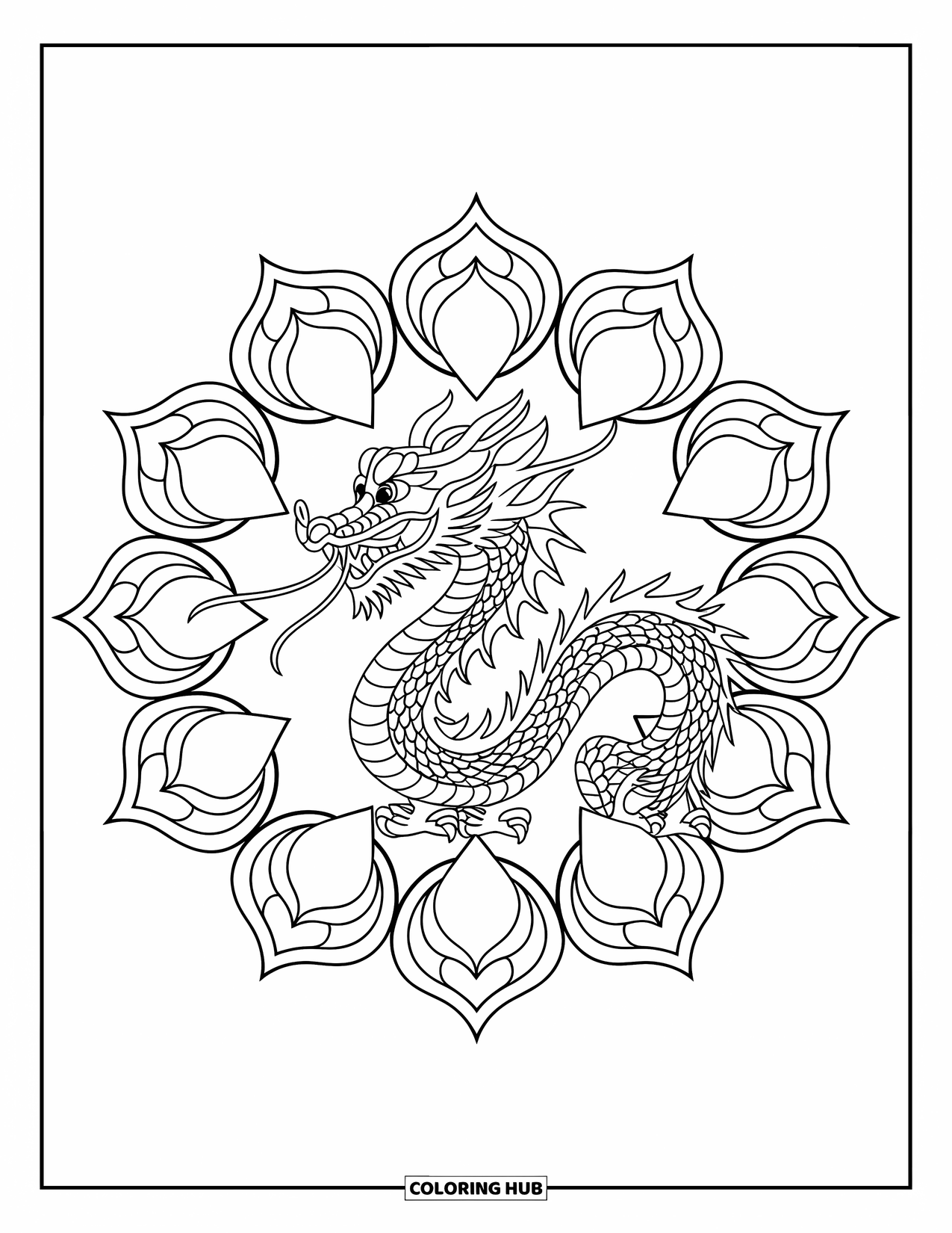 Chinese Dragon Coloring Page for Adults: A dragon coils inside a lotus mandala with petals radiating outward