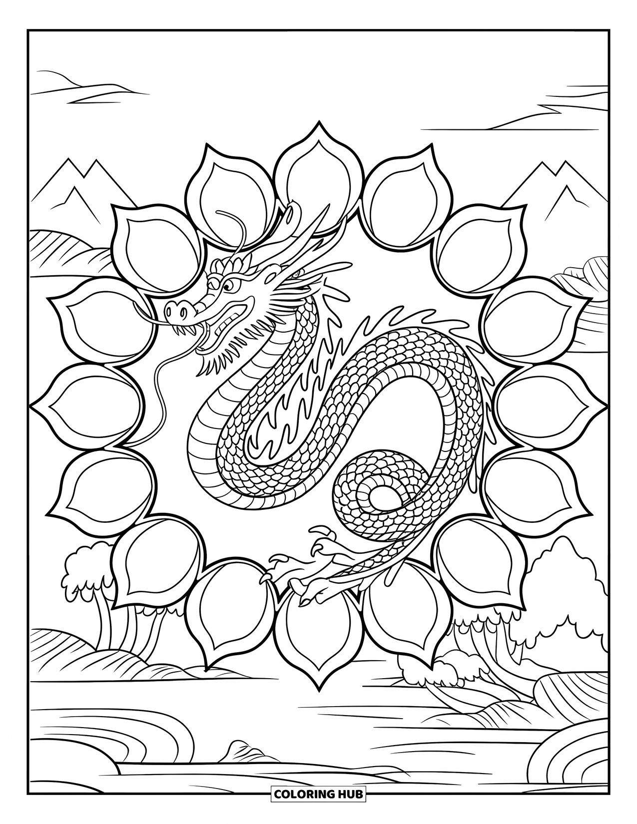 Chinese Dragon Coloring Page for Adults: A dragon encircled by lotus petals rests among calm mountains and trees
