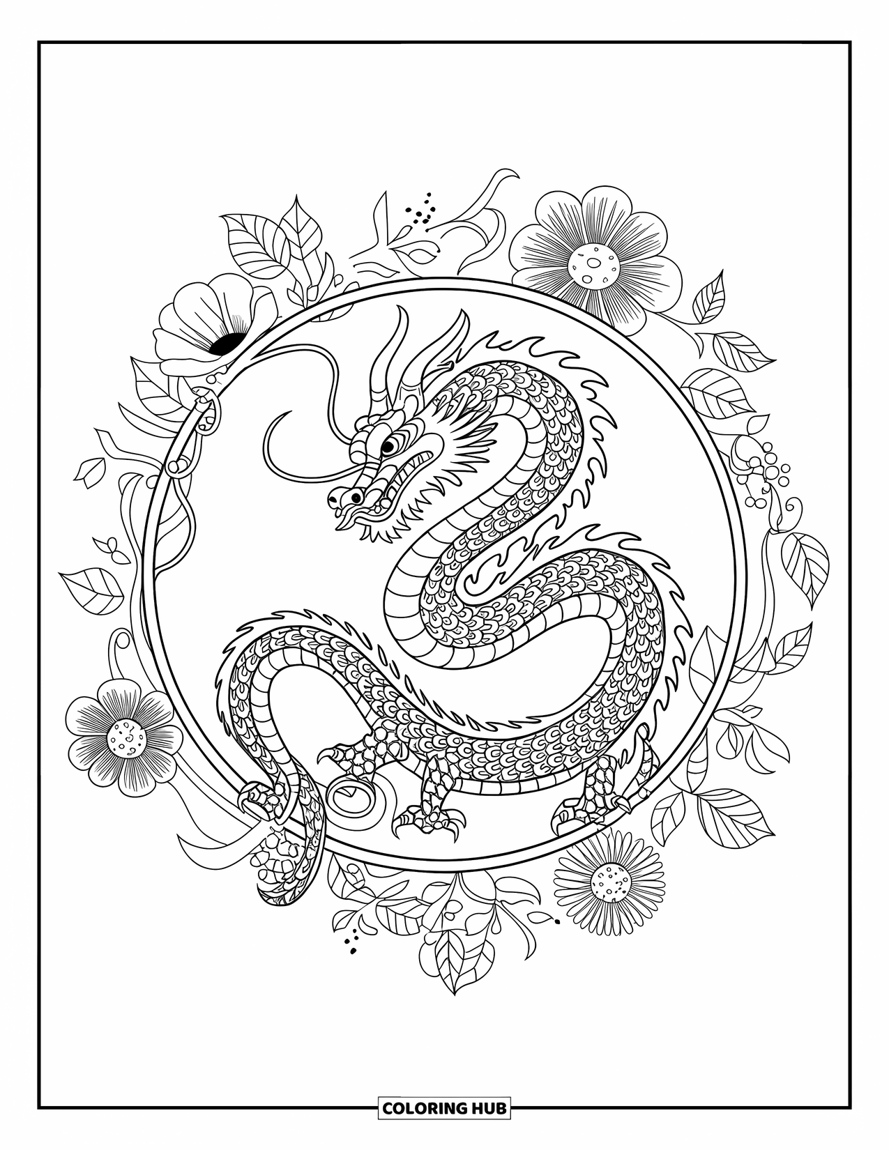 Chinese Dragon Coloring Page for Adults: A dragon rests within a circular mandala filled with flowers and vines
