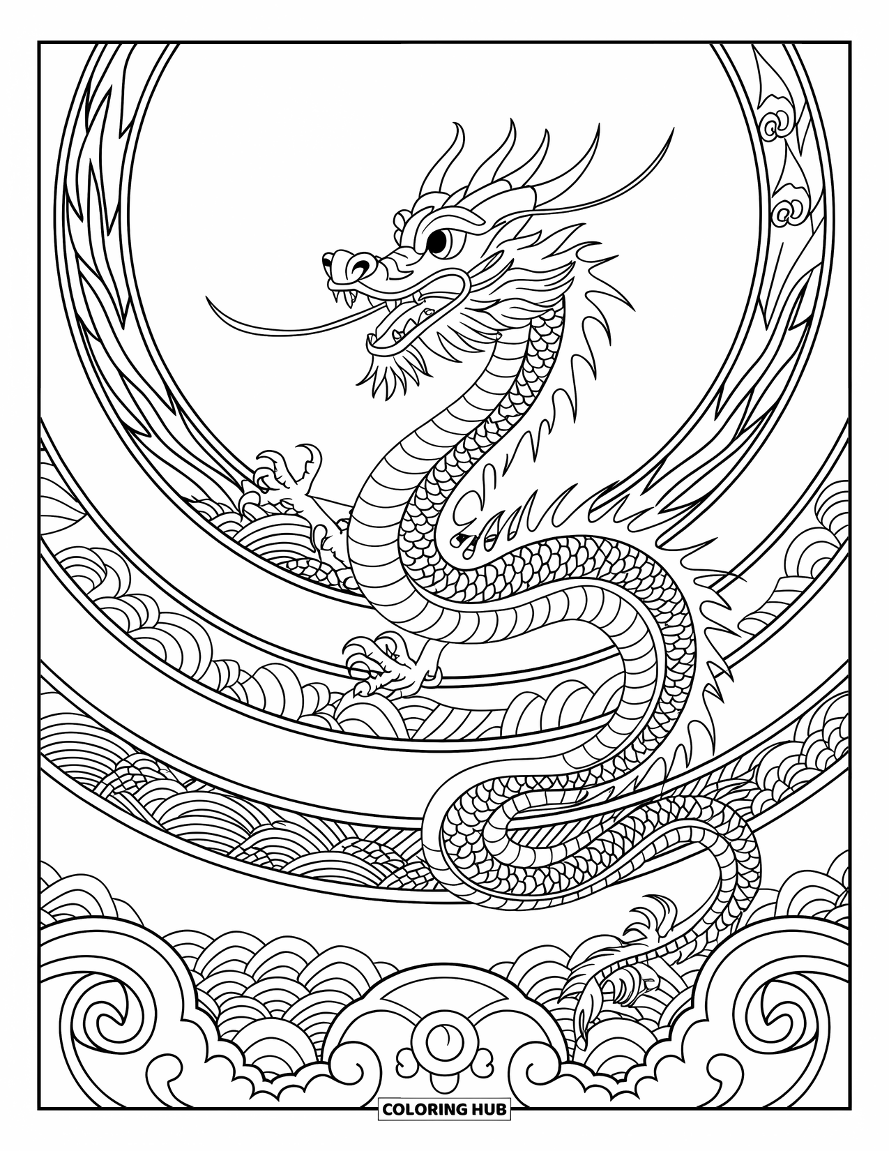 Chinese Dragon Coloring Page for Adults: A dragon soars through swirling mandala rings filled with fire and waves