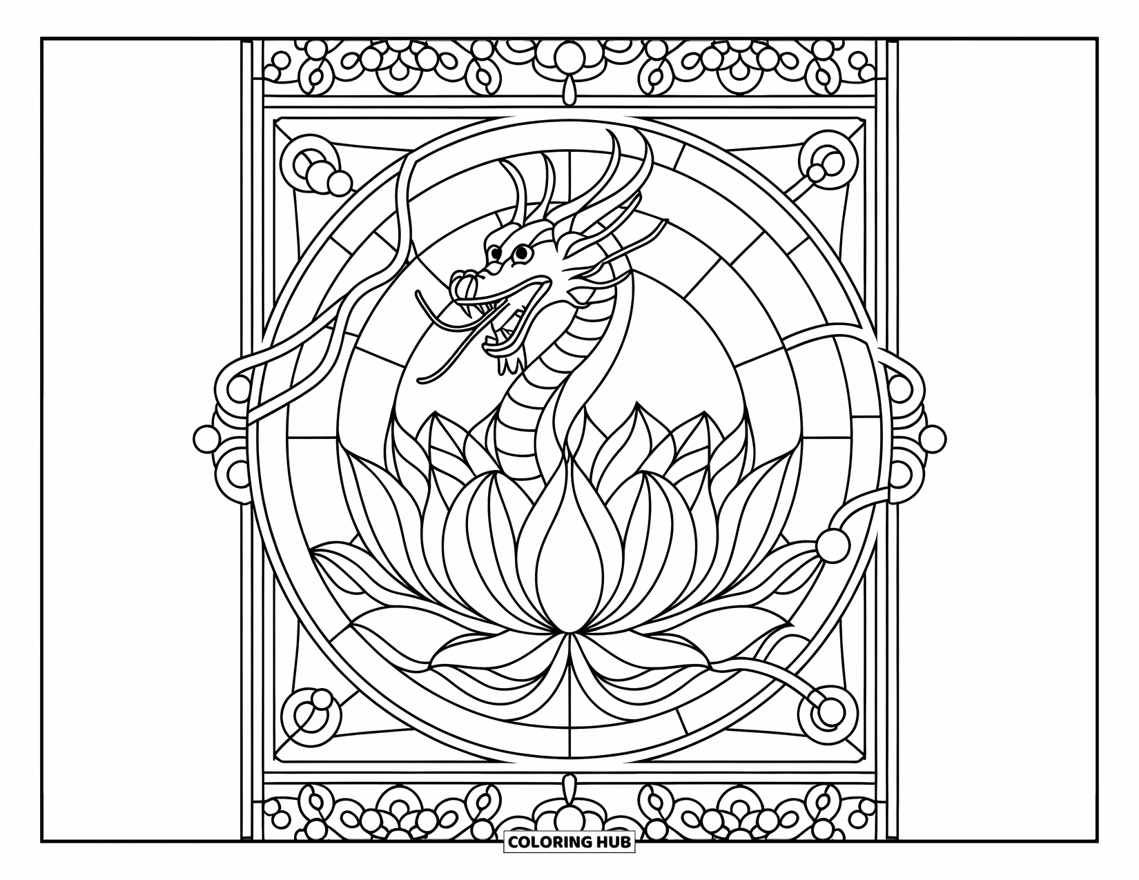 Chinese Dragon Coloring Page for Adults: A fierce dragon rises from a lotus framed with spirals and flowers