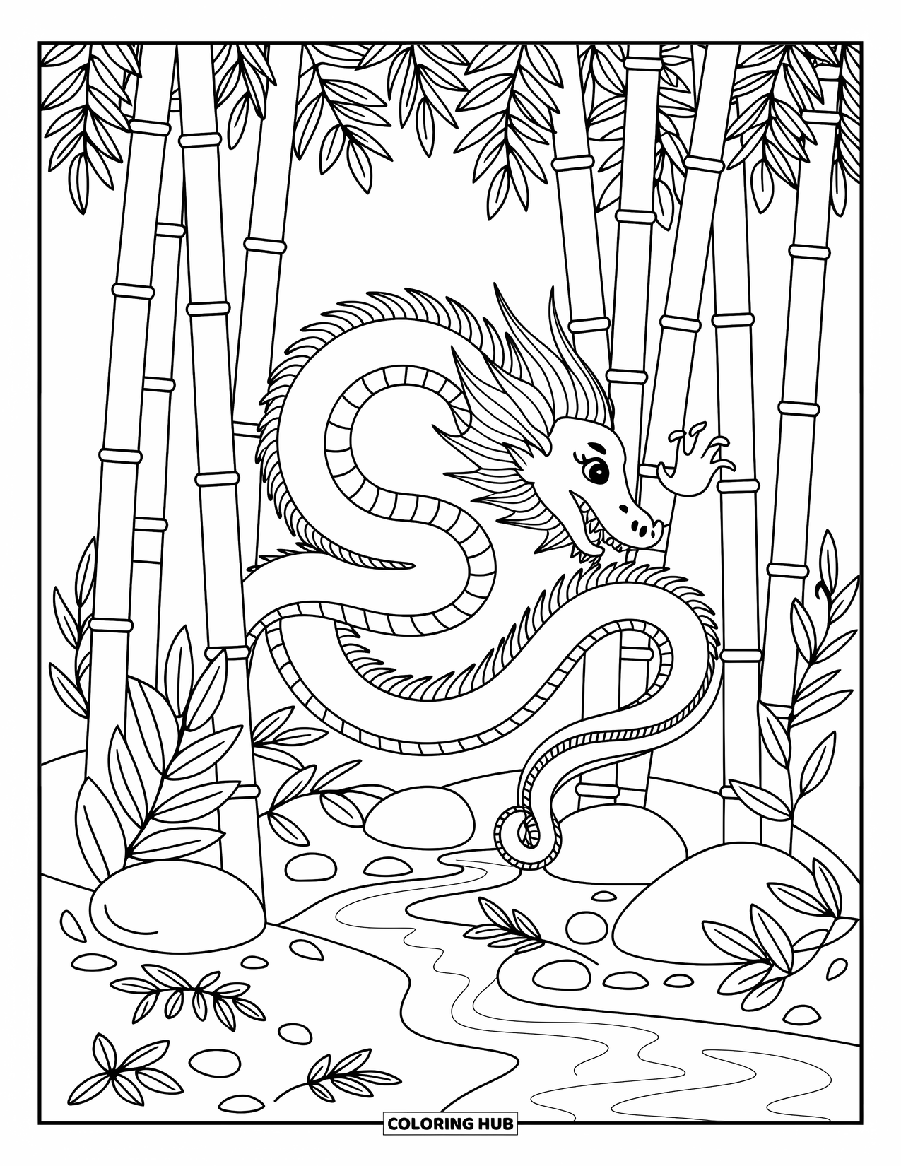 Chinese Dragon Coloring Page for Adults: A gentle Chinese dragon loops between bamboo stalks under warm sunlight