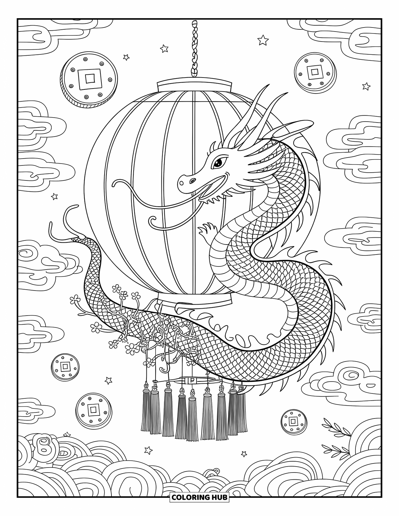 Chinese Dragon Coloring Page for Adults: A graceful Chinese dragon wraps gently around a lantern glowing with charm