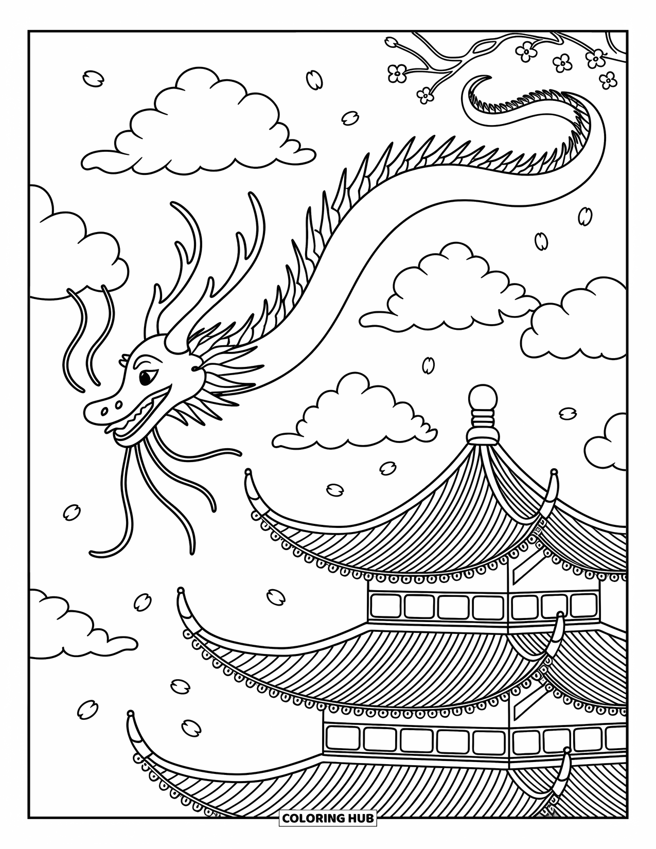Chinese Dragon Coloring Page for Adults: A long Chinese dragon glides above a pagoda surrounded by cherry blossoms