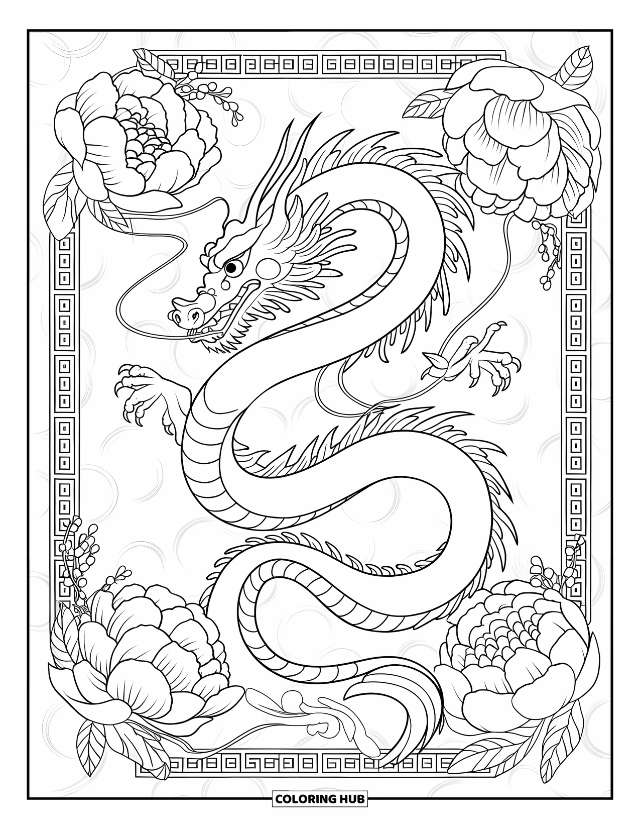Chinese Dragon Coloring Page for Adults: A long dragon coils within peonies and floral patterns with soft borders