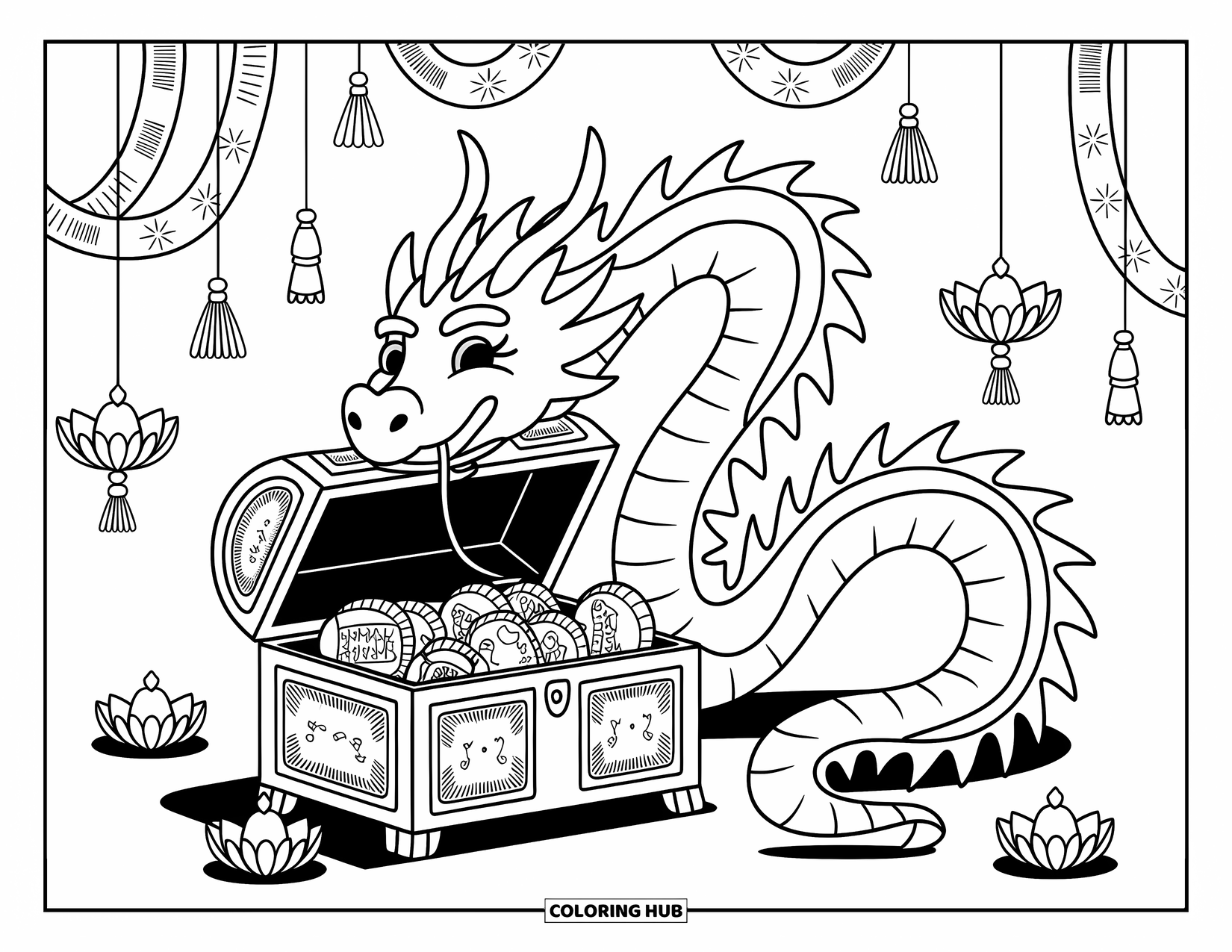 Chinese Dragon Coloring Page for Adults: A serene Chinese dragon guards a chest of scrolls under warm candlelight