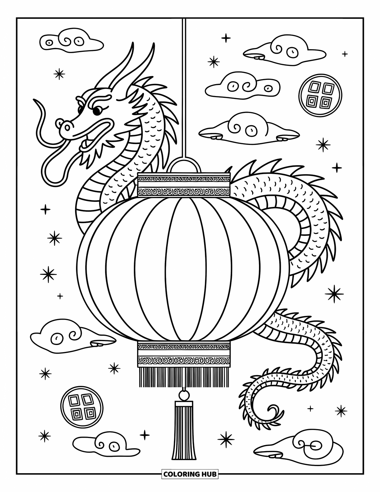 Chinese Dragon Coloring Page for Adults: A serene Chinese dragon loops around a decorated lantern with floral designs