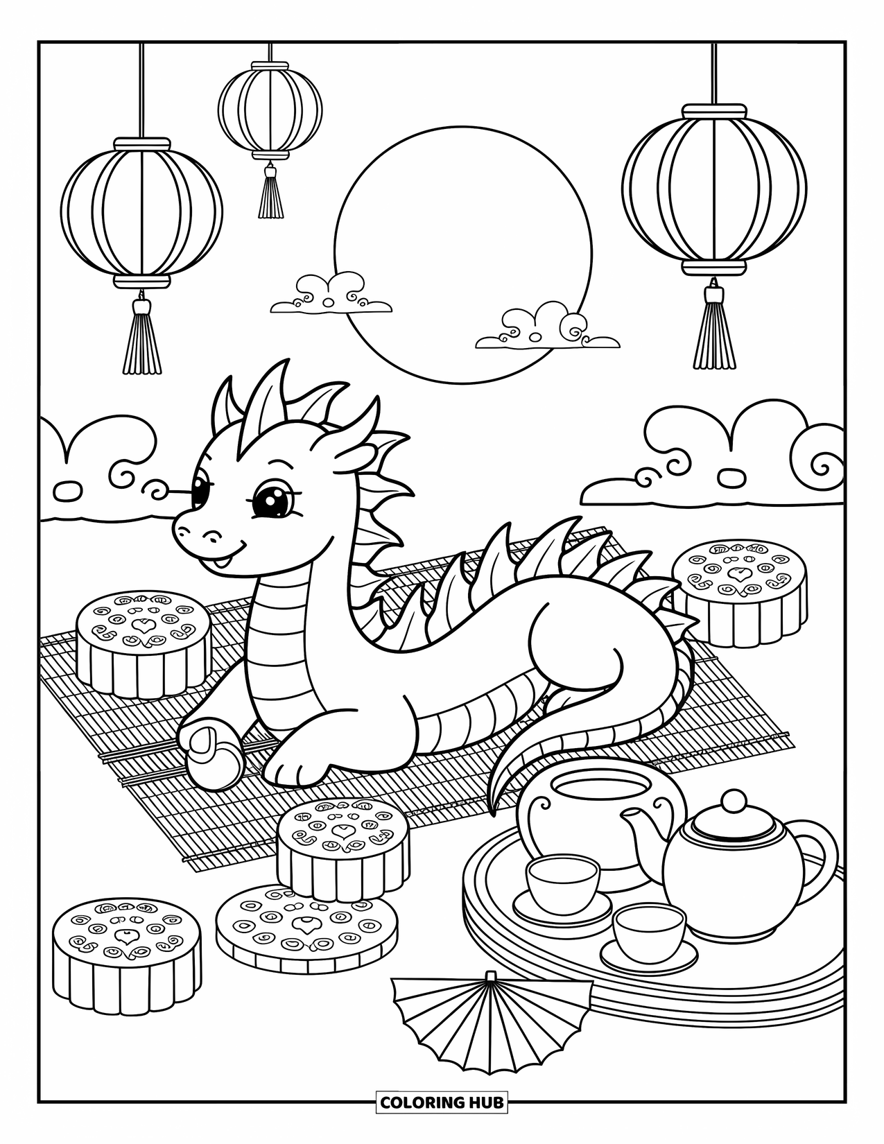 Chinese Dragon Coloring Page for Adults: A sleepy Chinese dragon rests among mooncakes beneath glowing lanterns