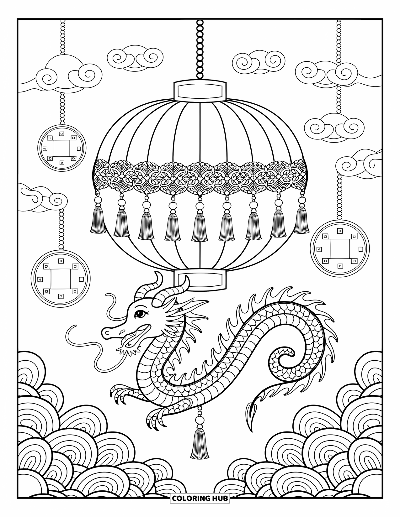 Chinese Dragon Coloring Page for Adults: A tranquil Chinese dragon coils around a lantern amid floating coins and clouds