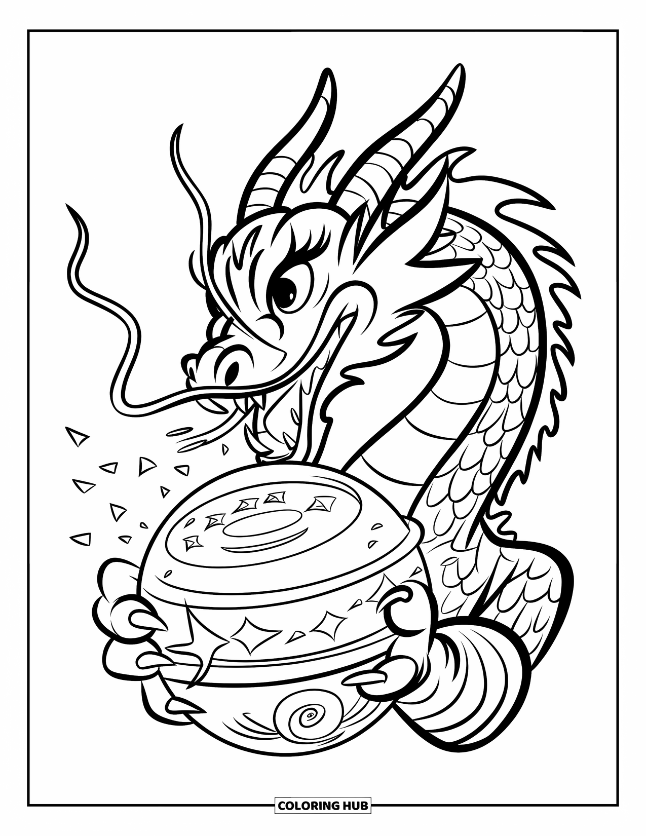 Chinese Dragon Coloring Page for Kids: A Chinese dragon clutches a glowing orb surrounded by energy rings
