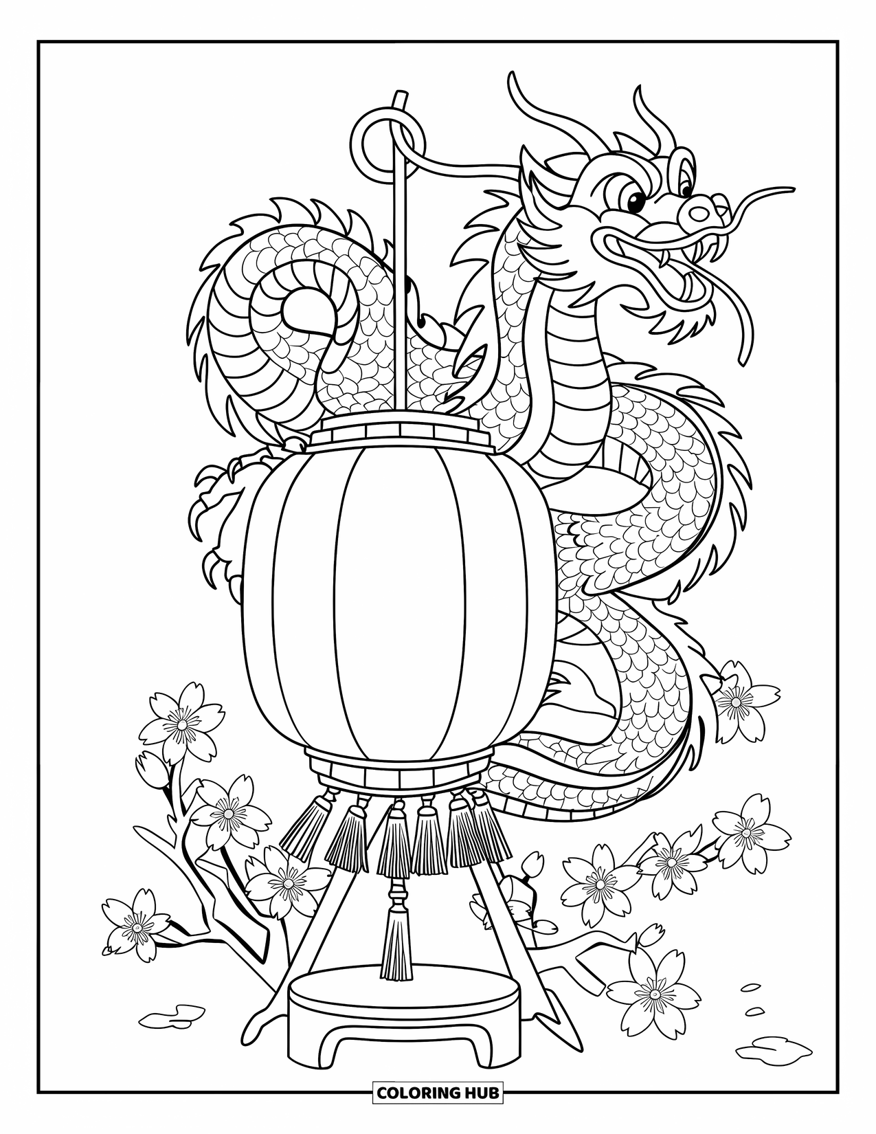 Chinese Dragon Coloring Page for Kids: A Chinese dragon coils around a tall lantern beside blooming cherry trees