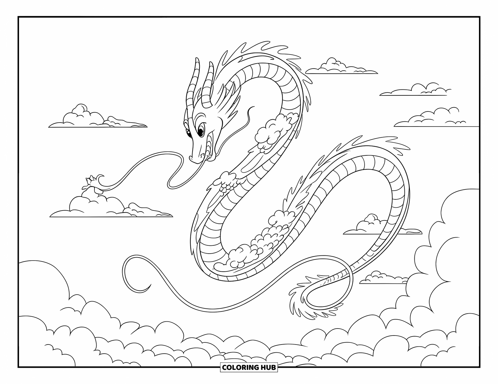 Chinese Dragon Coloring Page for Kids: A Chinese dragon coils in the clouds, forming a spiral of mist