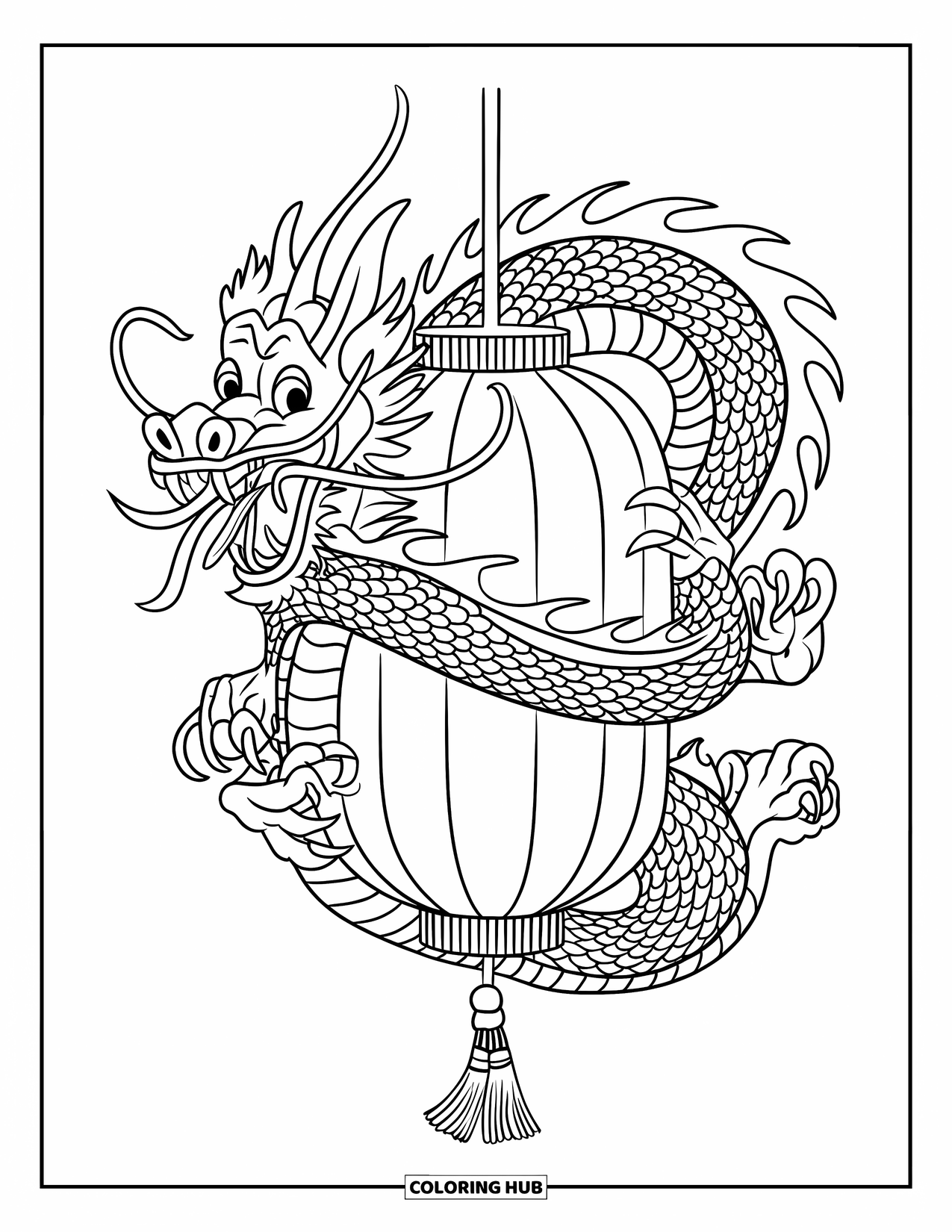 Chinese Dragon Coloring Page for Kids: A Chinese dragon curls around a lantern pole surrounded by blossoms