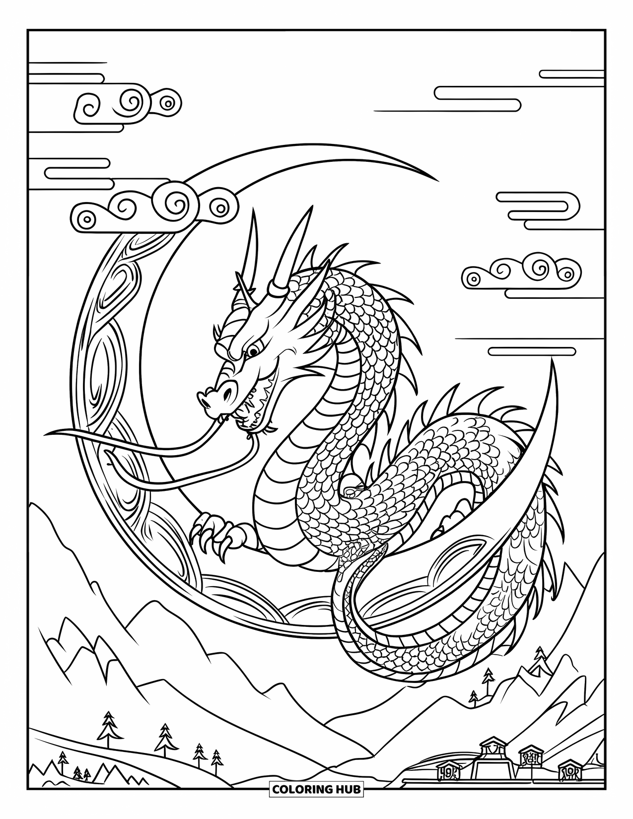 Chinese Dragon Coloring Page for Kids: A Chinese dragon encircles a moon gate with fire and clouds around it