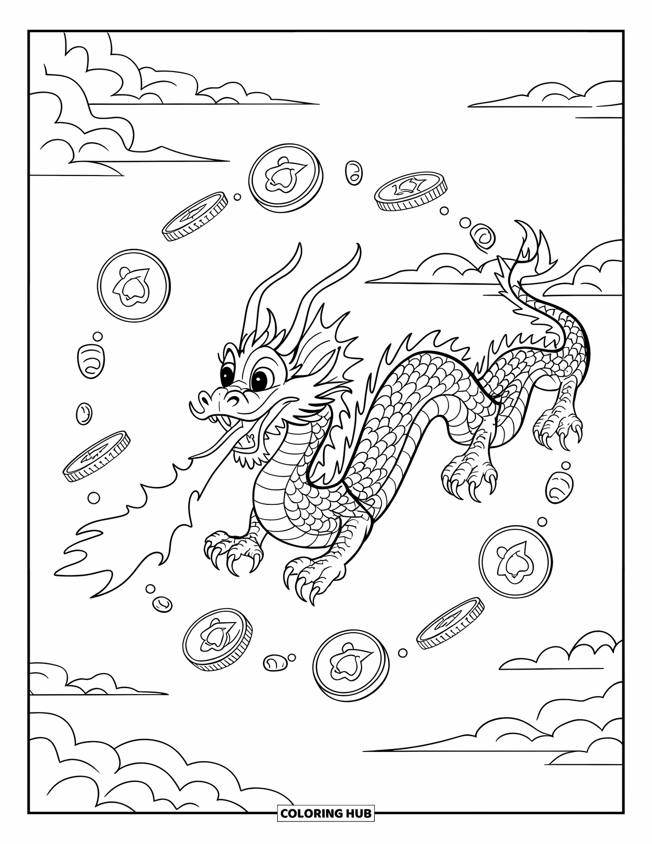 Chinese Dragon Coloring Page for Kids: A Chinese dragon flies through floating coins and lucky charms
