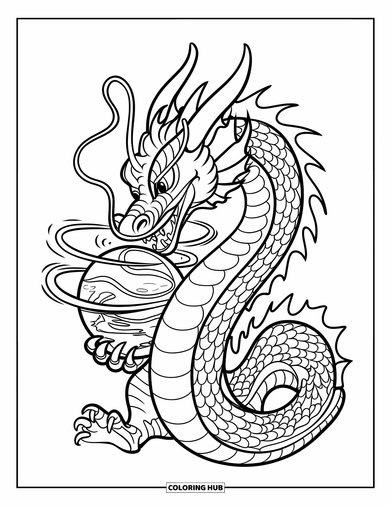 Chinese Dragon Coloring Page for Kids: A Chinese dragon grips a shining orb radiating waves of energy