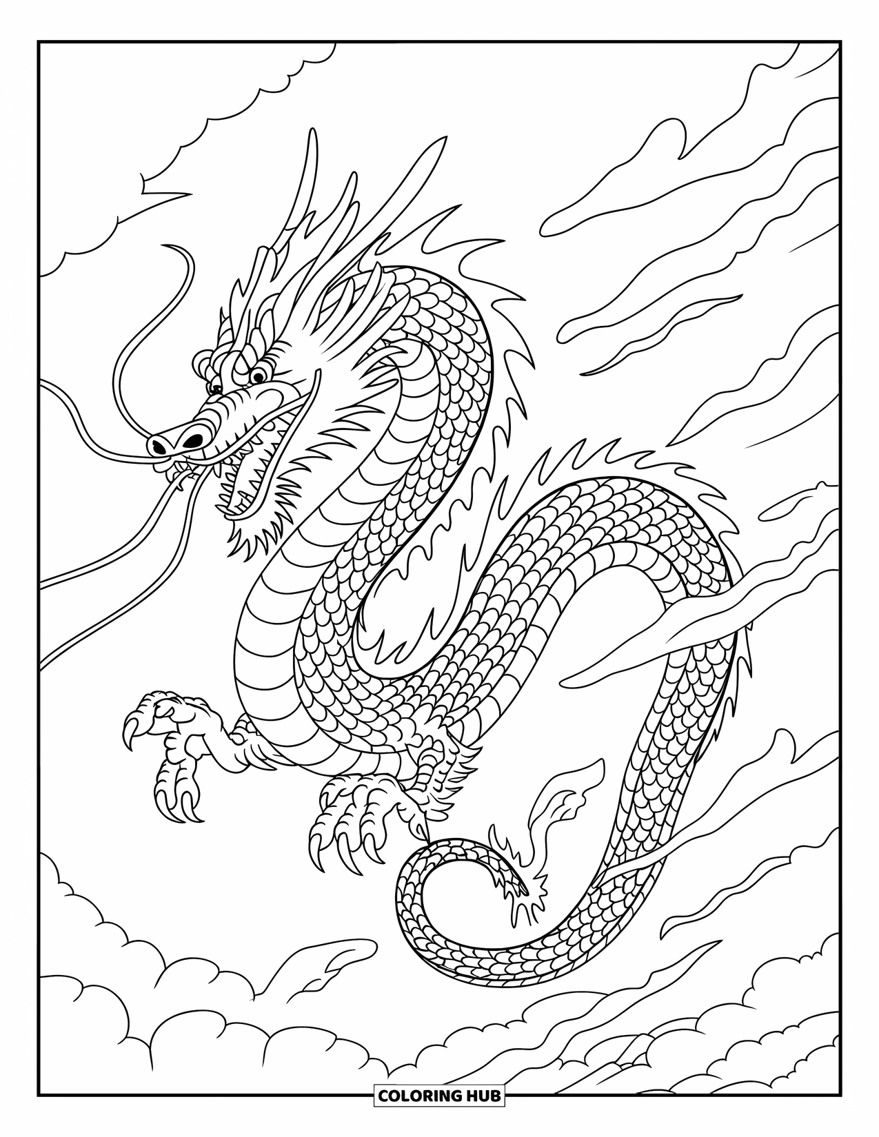 Chinese Dragon Coloring Page for Kids: A Chinese dragon roars while flying through storm winds and fire