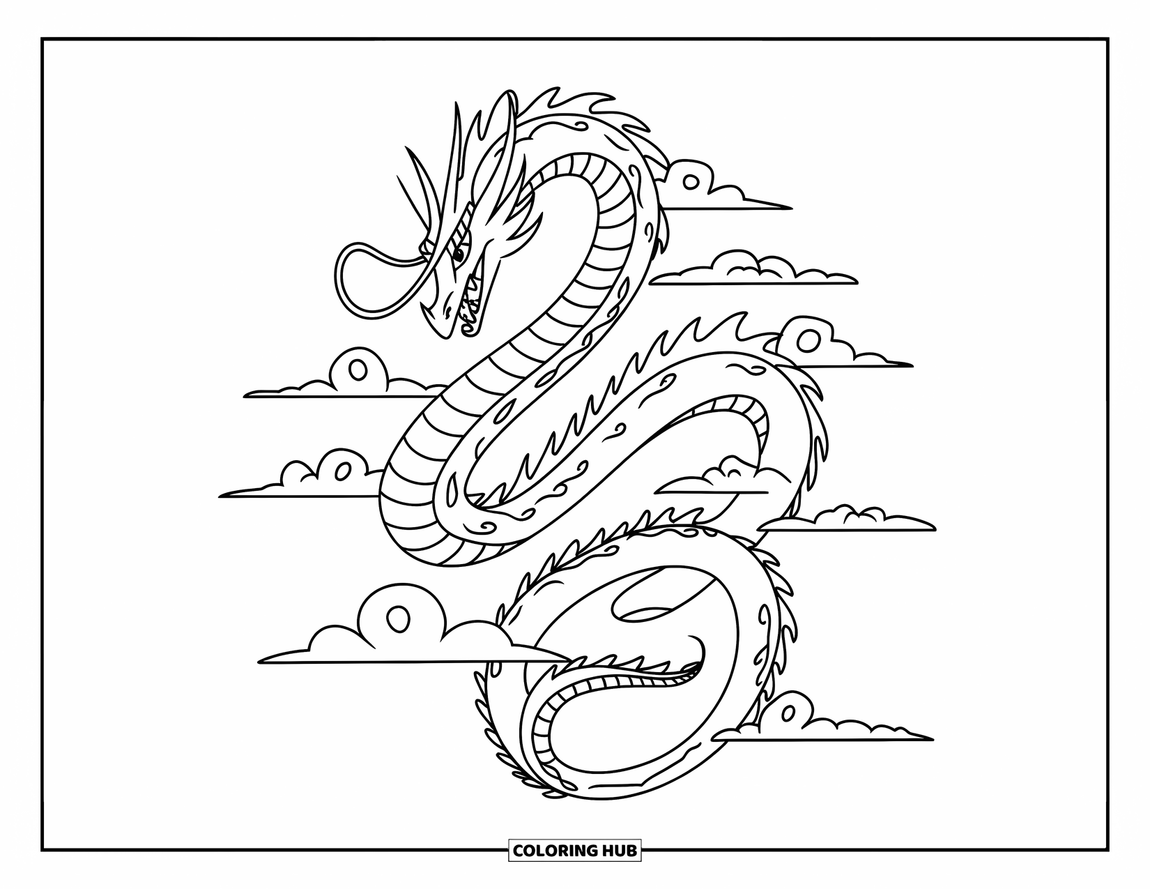 Chinese Dragon Coloring Page for Kids: A Chinese dragon twists gracefully through clouds in a spiral motion