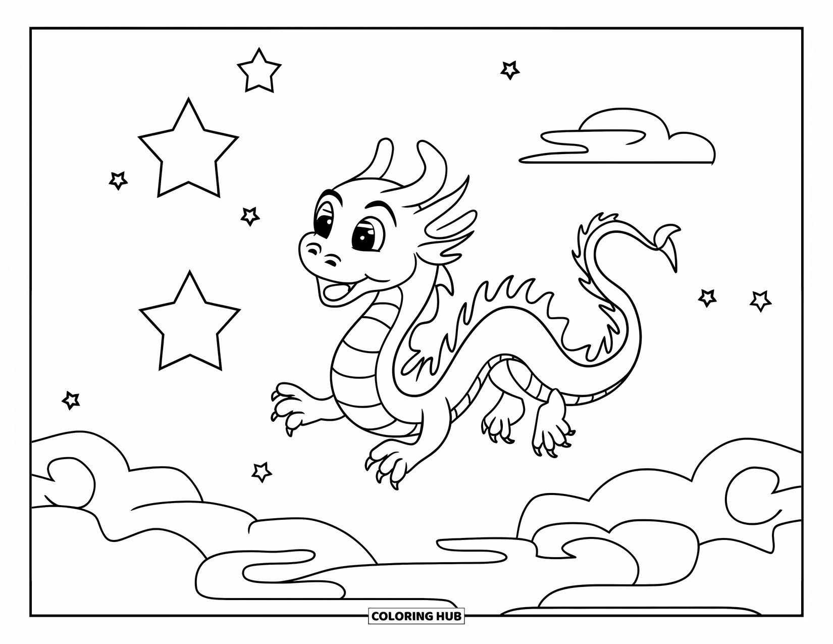 Chinese Dragon Coloring Page for Kids: A Chinese dragon with round eyes curls among stars and clouds