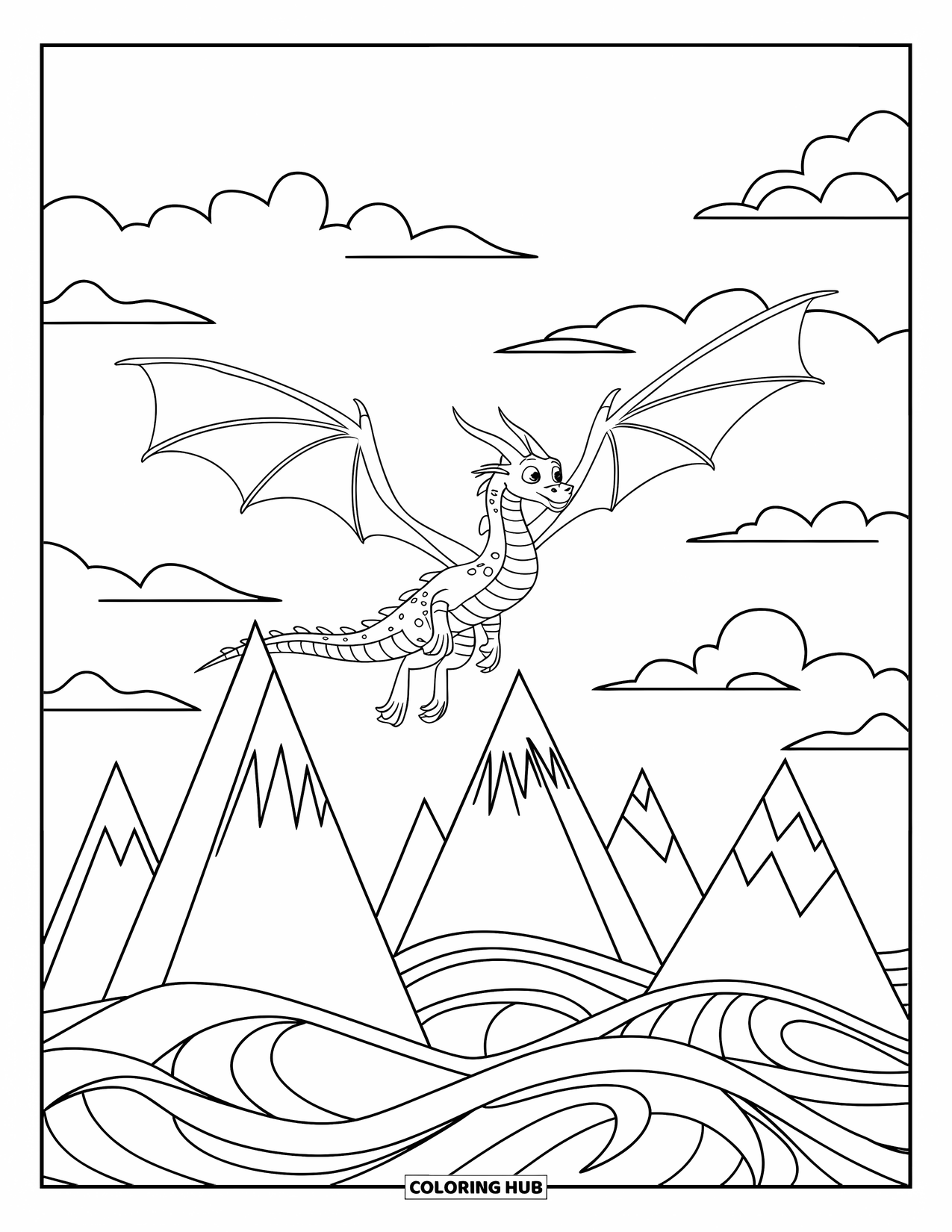 Chinese Dragon Coloring Page for Kids: A Chinese dragon with wide wings breathes fire over peaks and waves