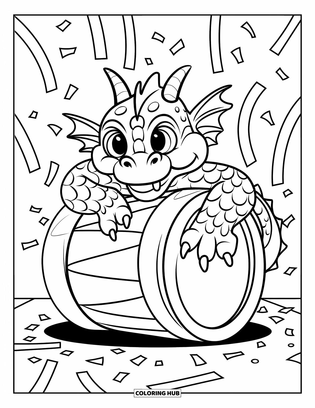 Chinese Dragon Coloring Page for Kids: A chubby Chinese dragon curls around a drum at a lively party
