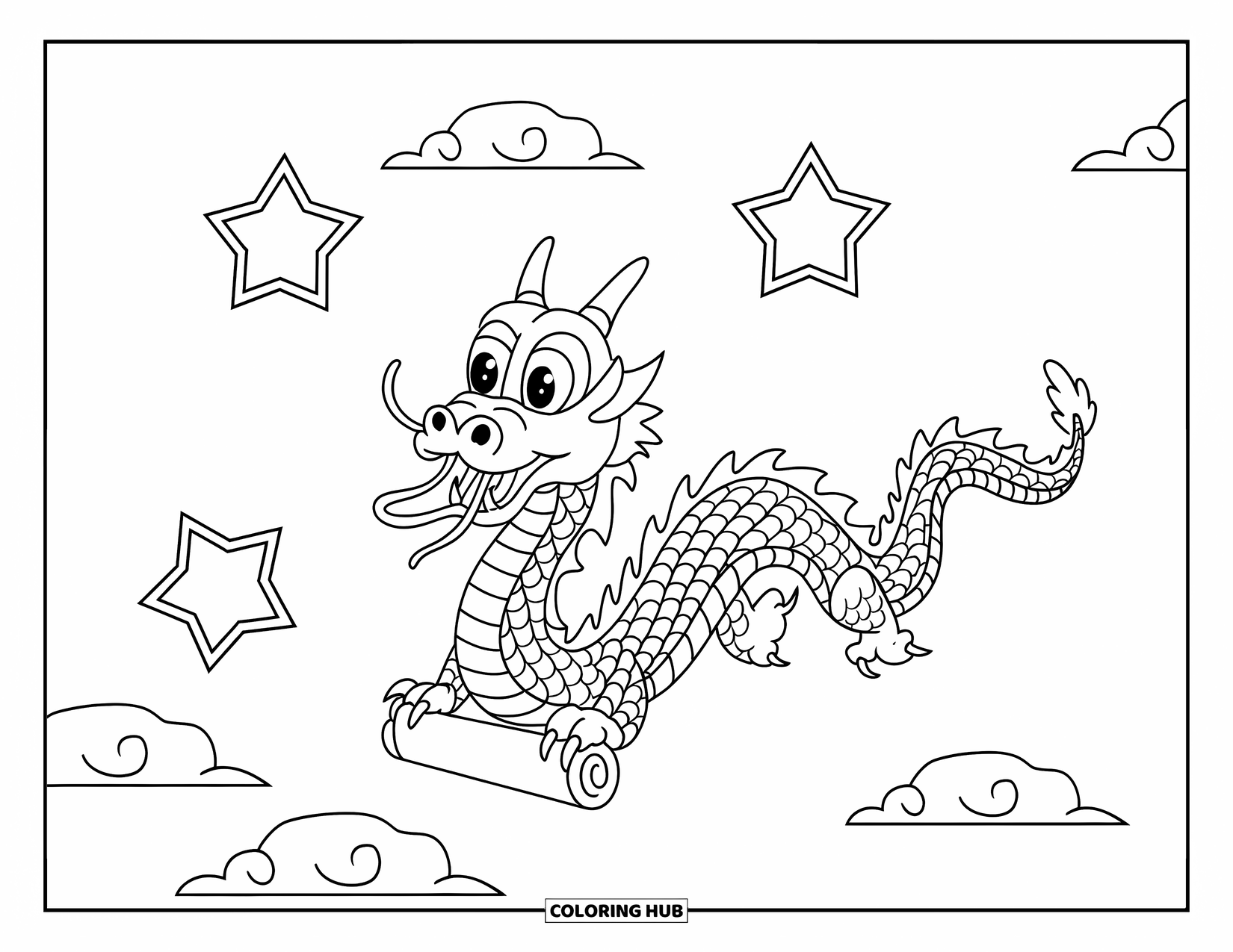Chinese Dragon Coloring Page for Kids: A friendly Chinese dragon floats with stars and clouds all around