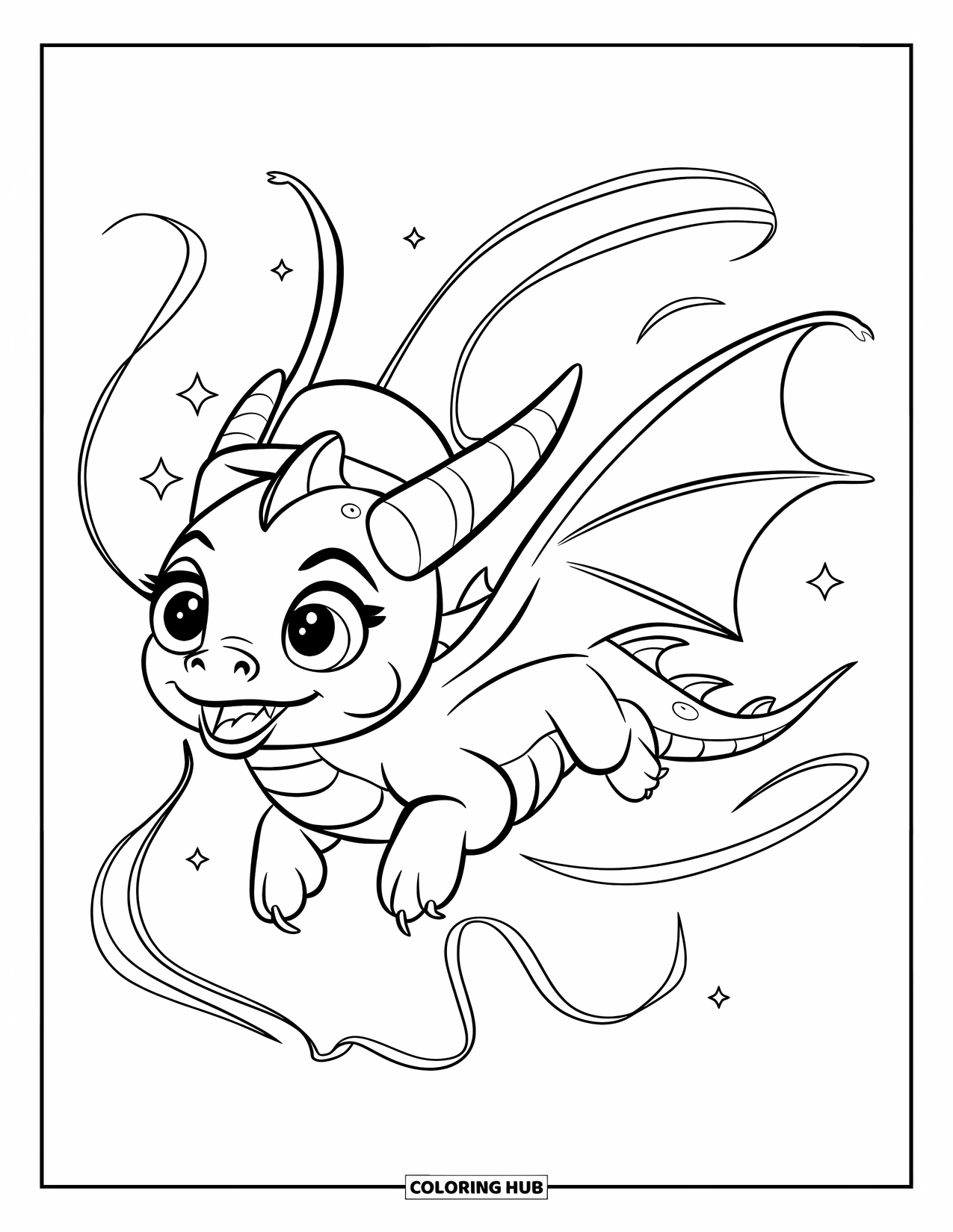 Chinese Dragon Coloring Page for Kids: A little Chinese dragon wearing a hat soars with streamers trailing