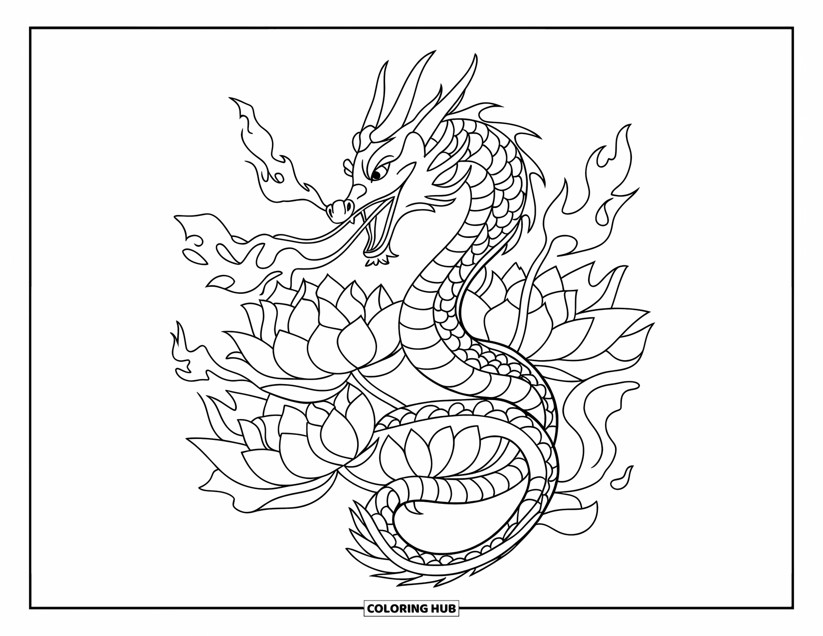Chinese Dragon Coloring Page for Kids: A roaring Chinese dragon tangled with lotus flowers breathes swirling fire