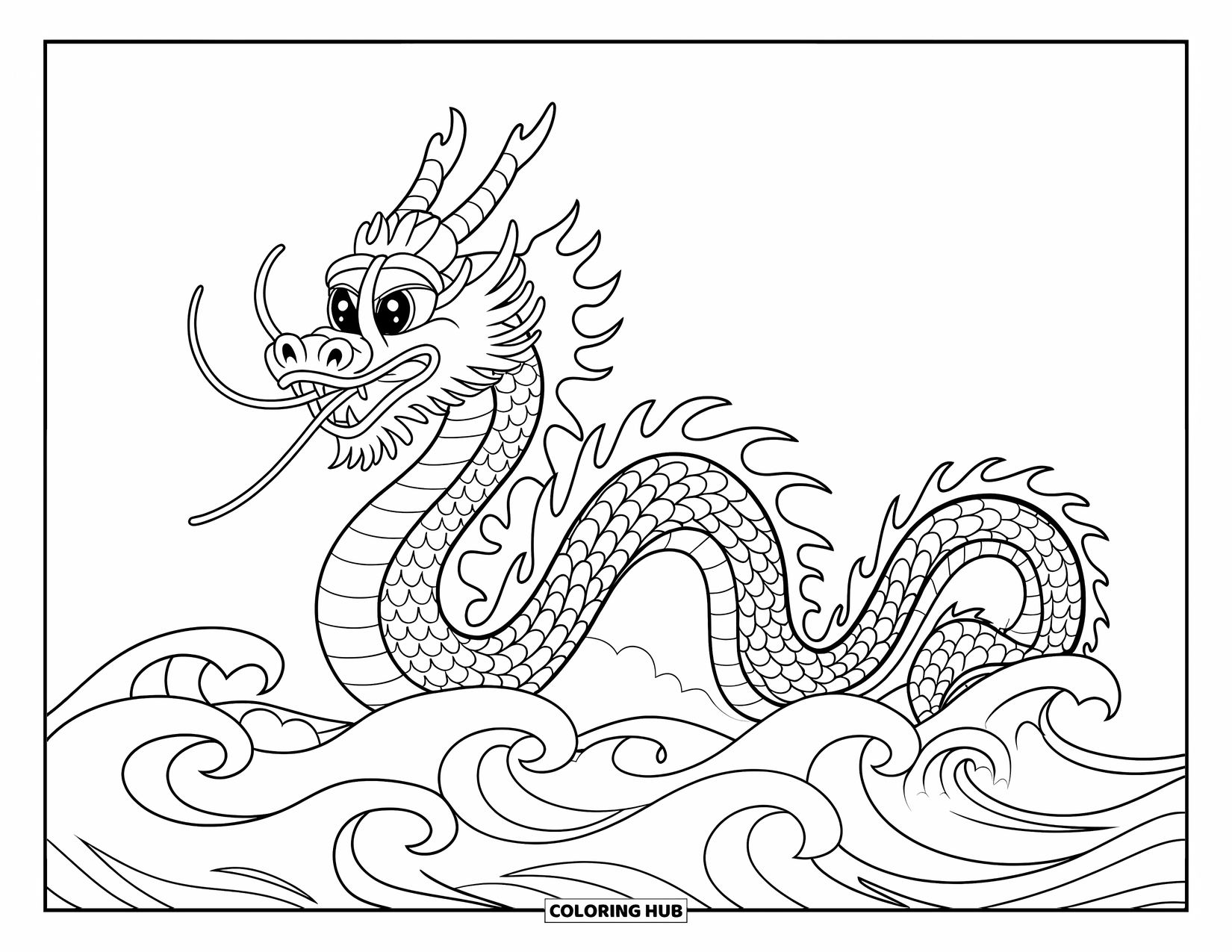 Chinese Dragon Coloring Page for Kids: A sea Chinese dragon rises through curling waves and open skies