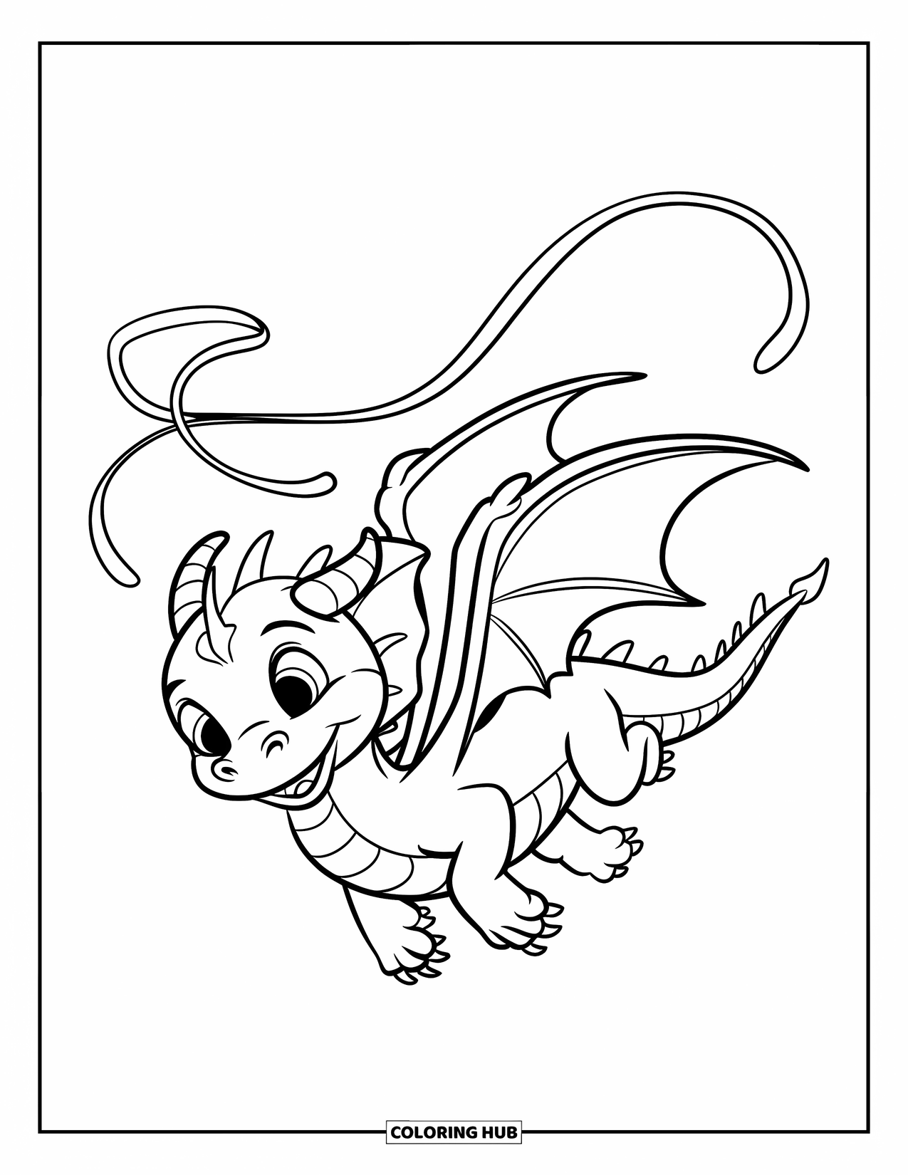 Chinese Dragon Coloring Page for Kids: A small Chinese dragon with streamers flies cheerfully through the sky