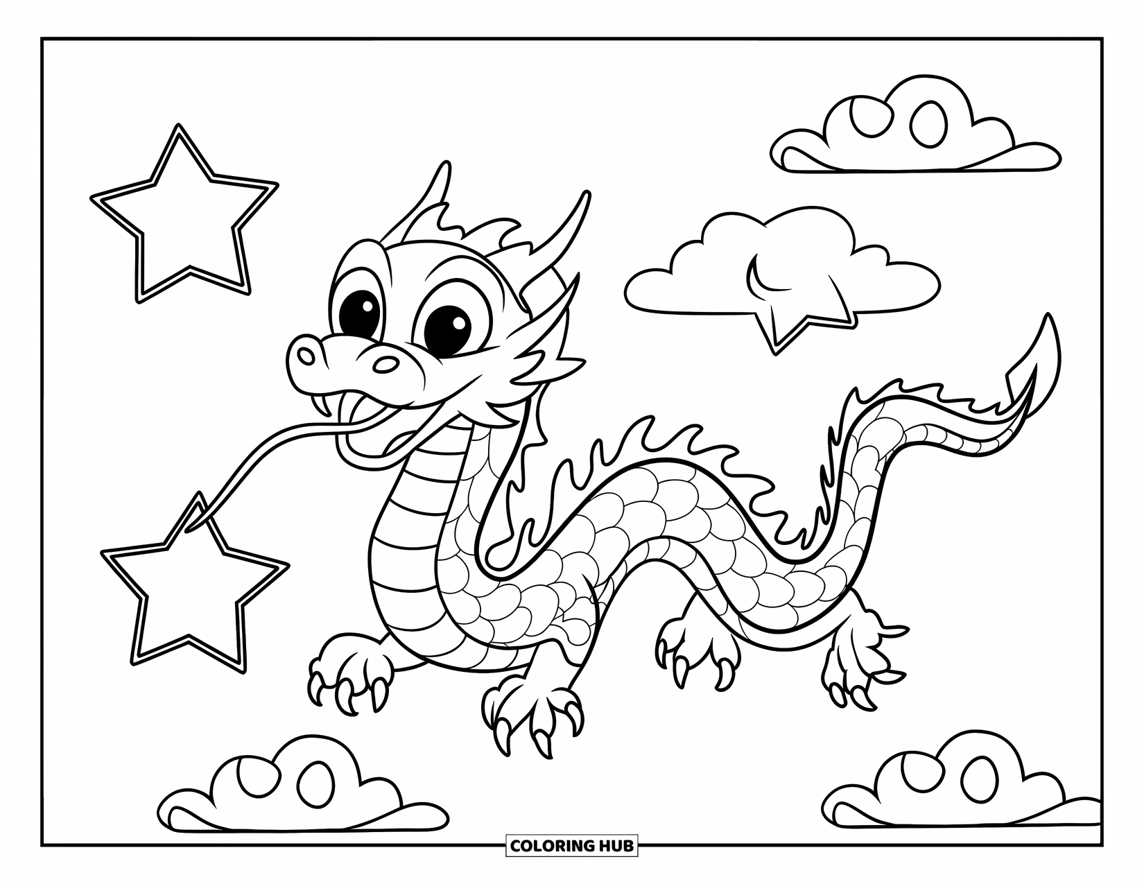 Chinese Dragon Coloring Page for Kids: A smiling Chinese dragon drifts among stars and clouds in the sky