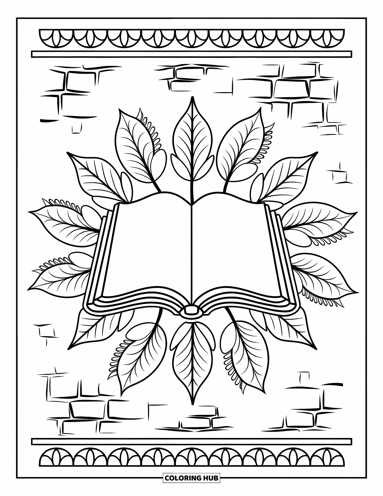 Christian Halloween Coloring Page for Adults: A Bible on a stand is surrounded by mandala-shaped autumn leaves