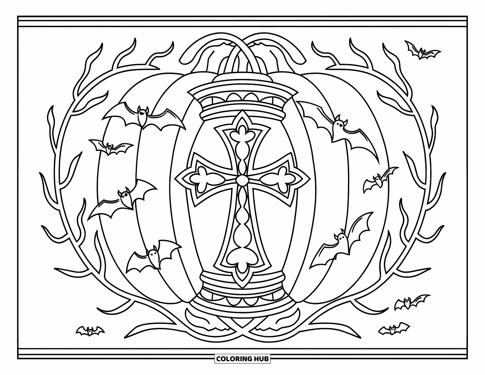 Christian Halloween Coloring Page for Adults: A cross-shaped lantern hangs above a pumpkin surrounded by bats
