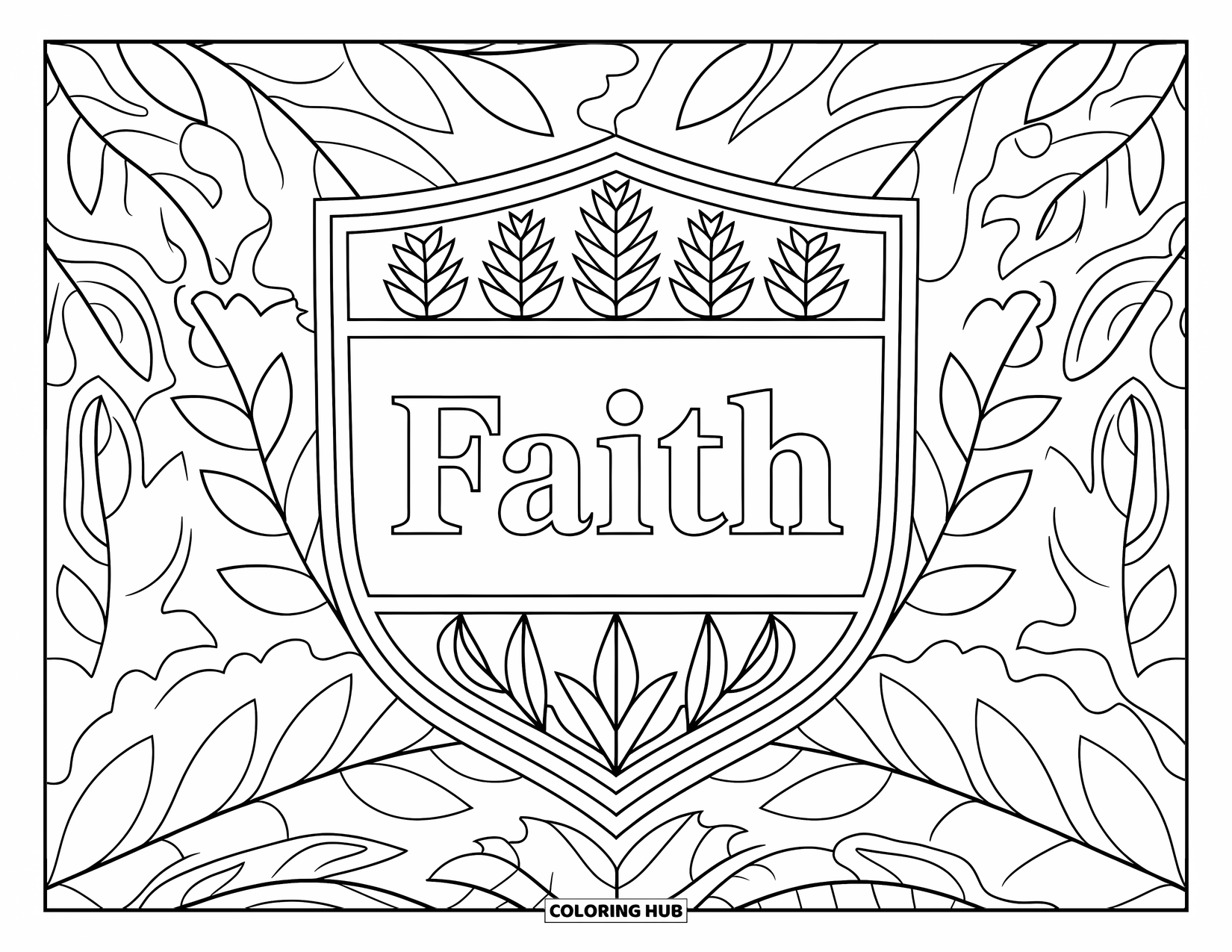 Christian Halloween Coloring Page for Adults: A decorative ìFaithî shield rests among swirling leaves and branches