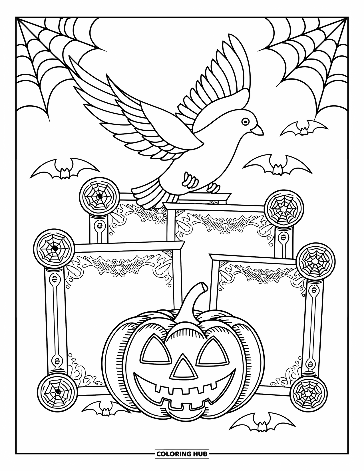 Christian Halloween Coloring Page for Adults: A dove flies over pumpkins and scrolls surrounded by webs and bats