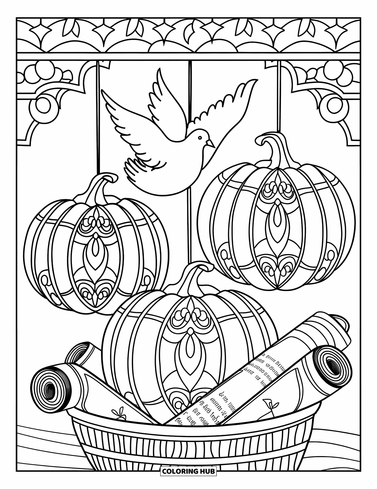 Christian Halloween Coloring Page for Adults: A dove spreads its wings over stained glass pumpkins and a basket of scrolls