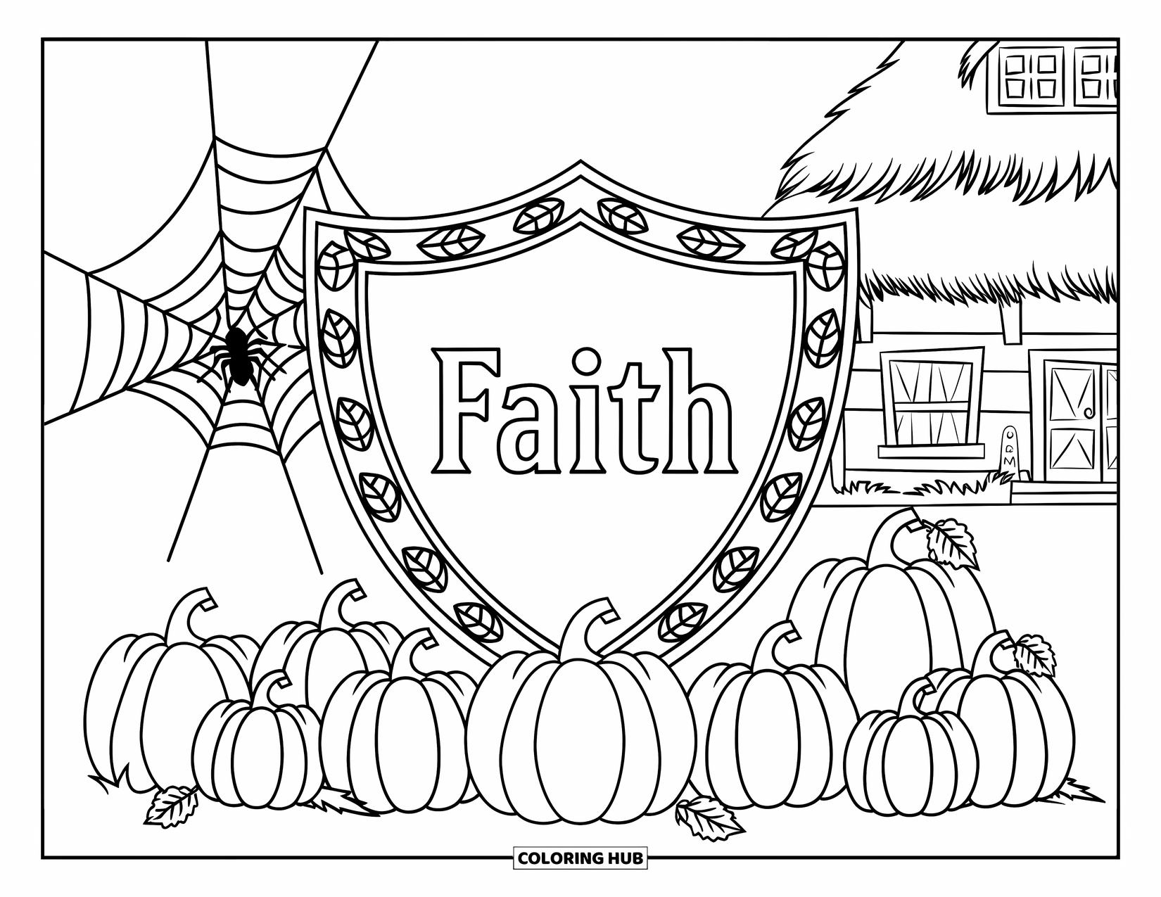 Christian Halloween Coloring Page for Adults: A ìFaithî shield rests on pumpkins beside a spider web and haunted house
